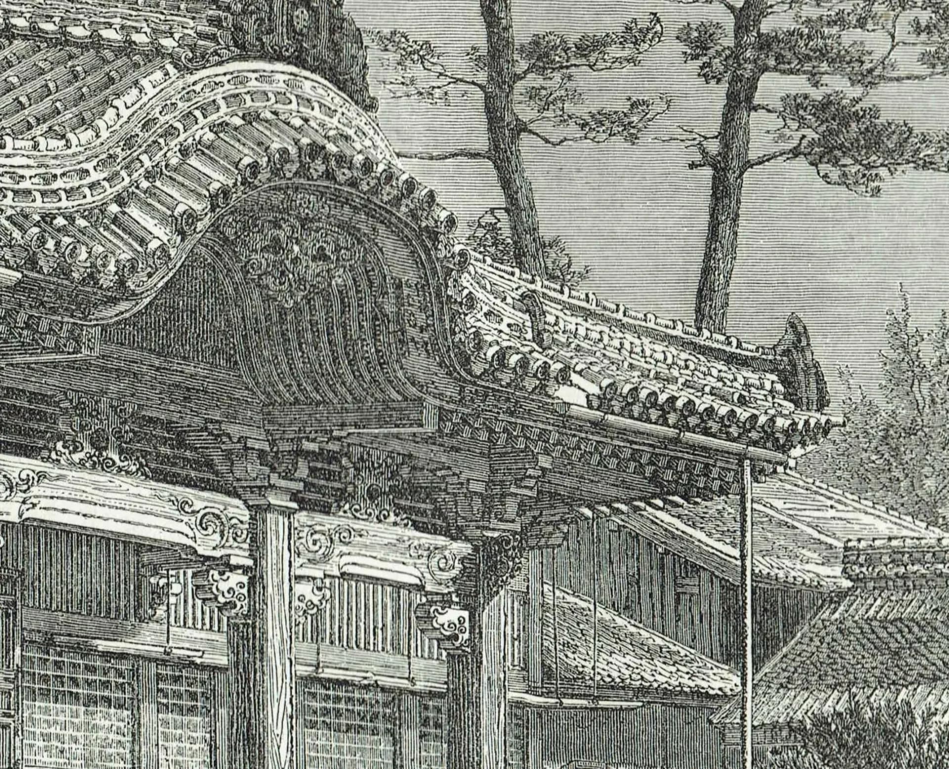 1869 Buddhist Temple at Nagasaki - Original Antique Print - Japanese Architecture Religious Geography Illustrated Travels - 11.75 x 8.75 in