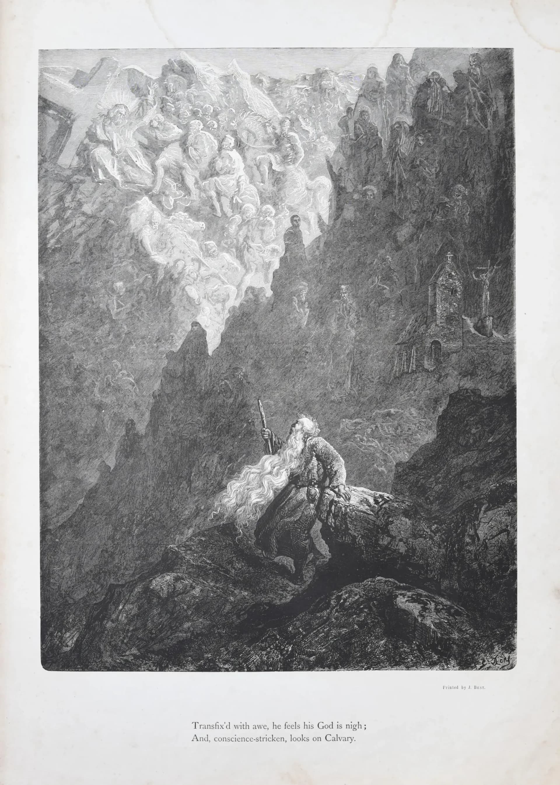 1866 Gustave Doré Legend Of The Wandering Jew Witnessing Calvary Plate 8 - Original Antique Engraving - Gothic Christian - 14 x 20 in