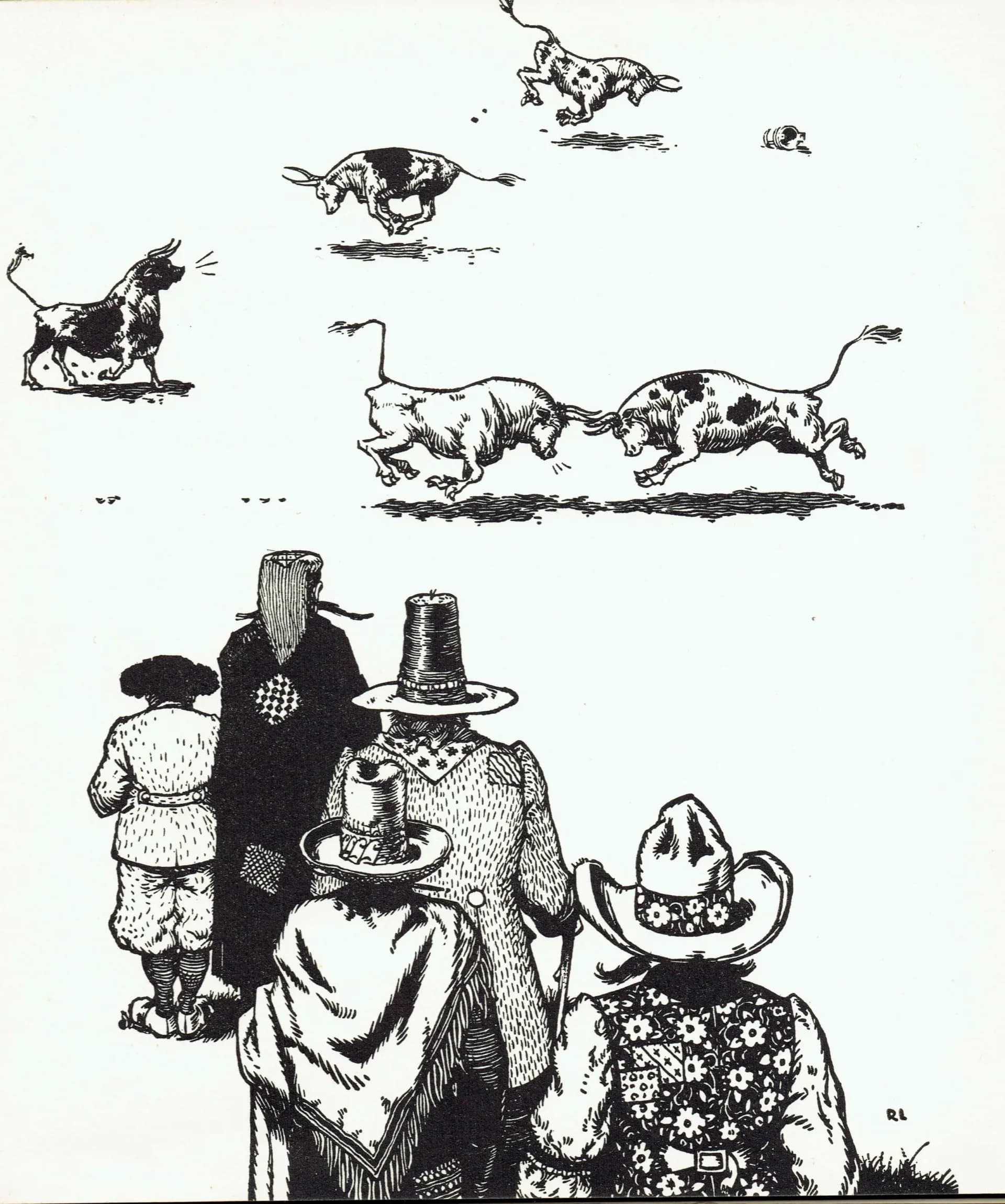 1937 Nazi-Franco Banned Anti-War Bulls Fighting Parody Print - Ferdinand The Bull - Robert Lawson First Edition Original Artwork - 7 x 8 in