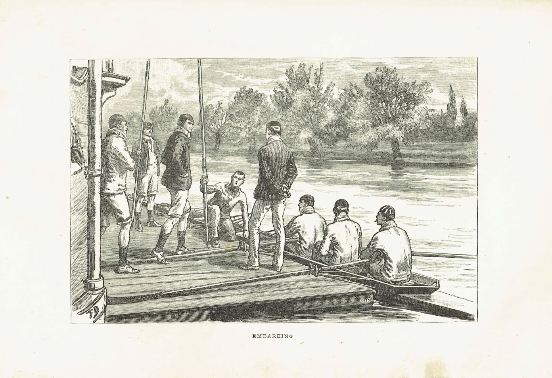 1891 Embarking - Original Antique Engraving By Dadd - Victorian Rowing Crew River Boating Sport Badminton Library - 7 x 4.75 in