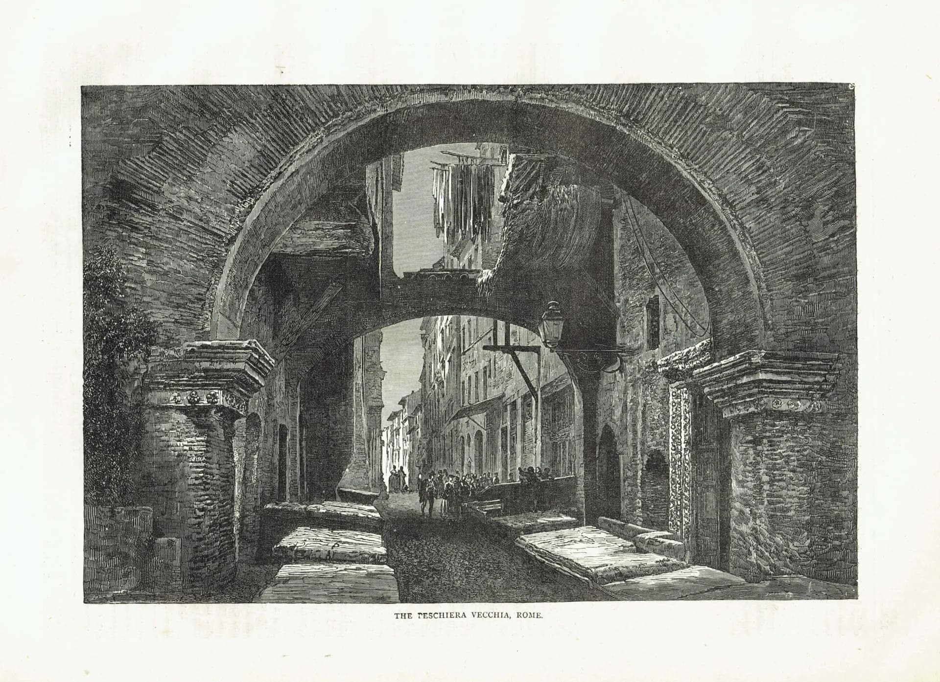 1875 Peschiera Vecchia Rome - Antique Engraving - Victorian Italy Street Scene Architecture Travel Print - 11.5 x 8 in