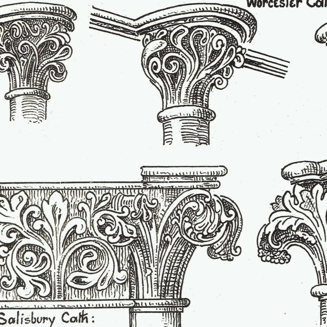 1898 Stone Carving Salisbury Worcester Cathedrals 3 Caps from Choir Architectural Print - Fullerton - Building Illustration - 8 x 10.75 in