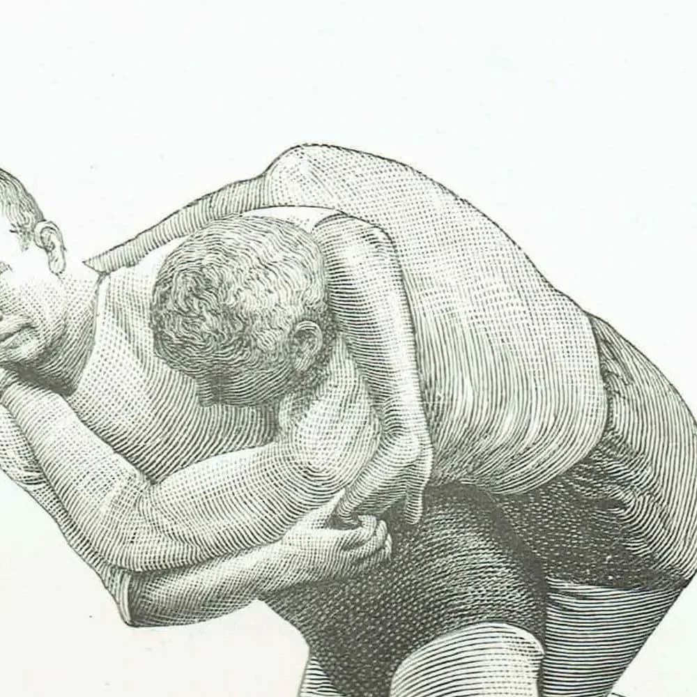 1889 Buttock Wrestling Hold - Original Antique Engraving - Badminton Library Victorian Sports Combat Technique Study - 5 x 7 in