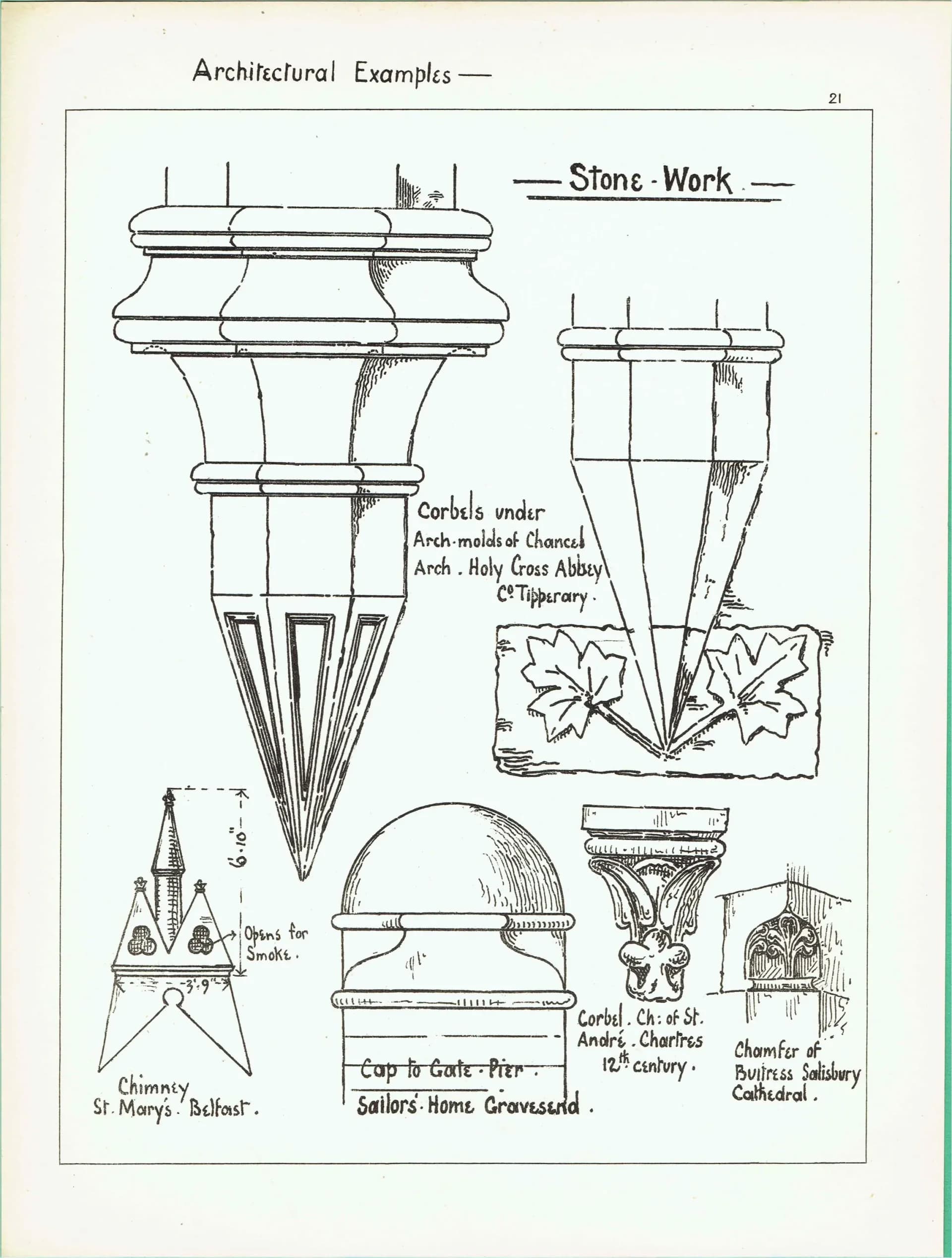1898 Corbels Cap to Gate Pier Chamfer of Buttress Stonework Architectural Print - W Fullerton - Building Illustration - 8 x 10.75 in