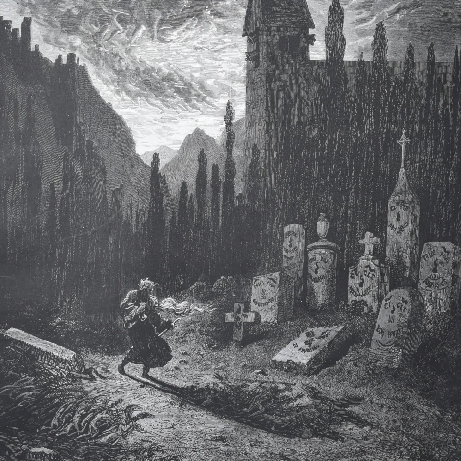 1866 Gustave Doré Legend Of The Wandering Jew Graveyard Plate 6 - Original Antique Engraving - Gothic Horror Medieval Religious - 14 x 20 in