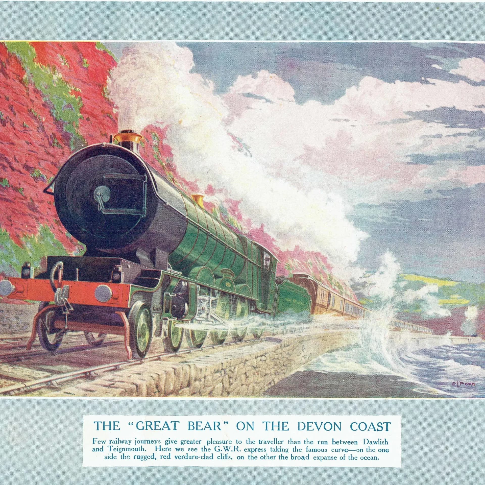 1922 GWR Great Bear Devon Coast - Original Vintage Print By E. Ford - Steam Locomotive Railway Dawlish Teignmouth Art - 9.5 x 8 in