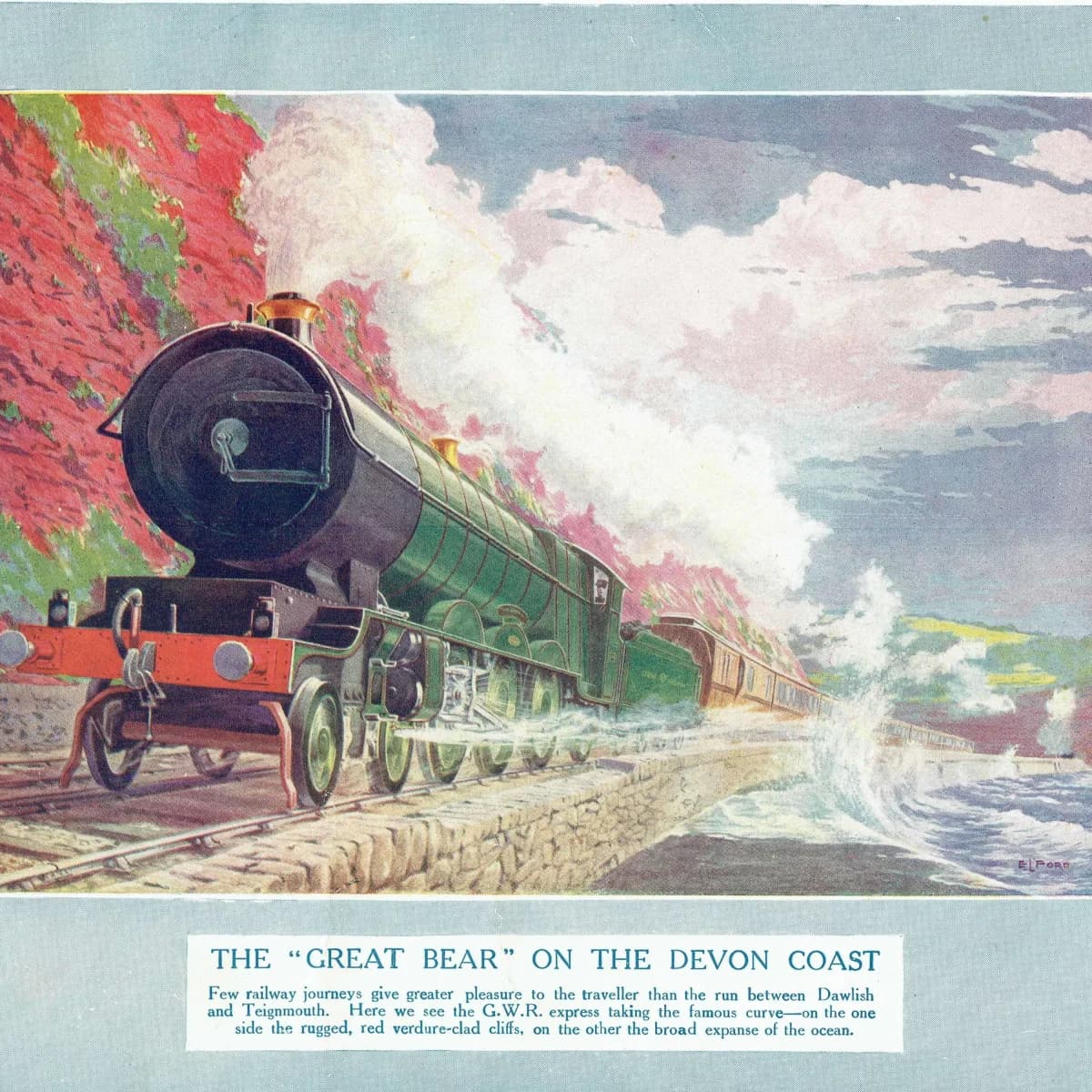 1922 GWR Great Bear Devon Coast - Original Vintage Print By E. Ford - Steam Locomotive Railway Dawlish Teignmouth Art - 9.5 x 8 in