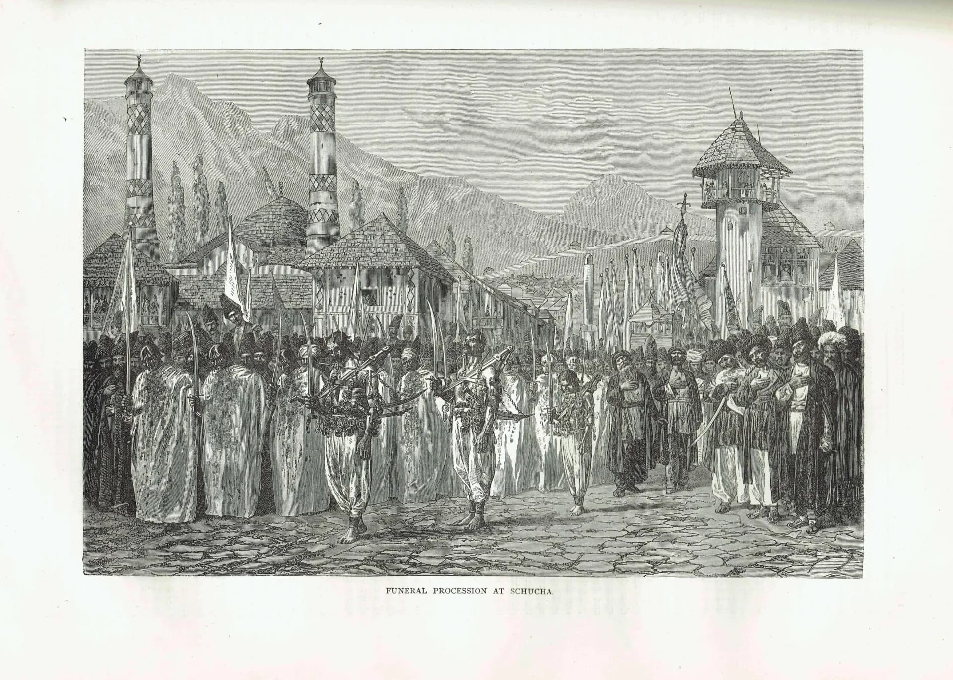 1871 Funeral Procession at Schucha - Antique Engraving - Caucasus Azerbaijan Islamic Scene Travel Print - 11.5 x 8 in