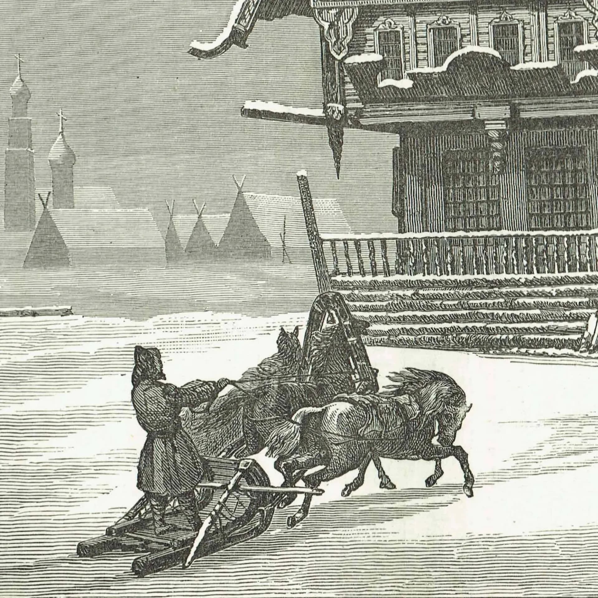 1870s Wayside Inn in Russia - Antique Woodblock Print - Victorian Travel Illustration Winter Sleigh Scene - 11.5 x 8 in