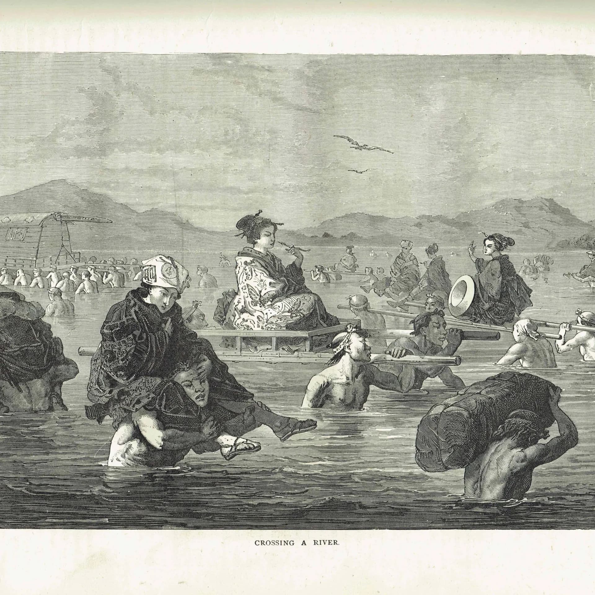 1875 Crossing a River Japan - Antique Engraving By Bates - Illustrated Travels Vol 6 Victorian Asia Geography Scene - 11.5 x 8 in