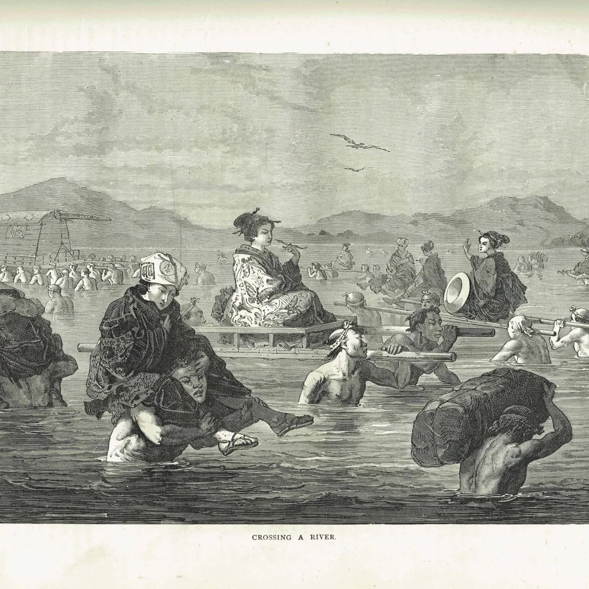 1875 Crossing a River Japan - Antique Engraving By Bates - Illustrated Travels Vol 6 Victorian Asia Geography Scene - 11.5 x 8 in