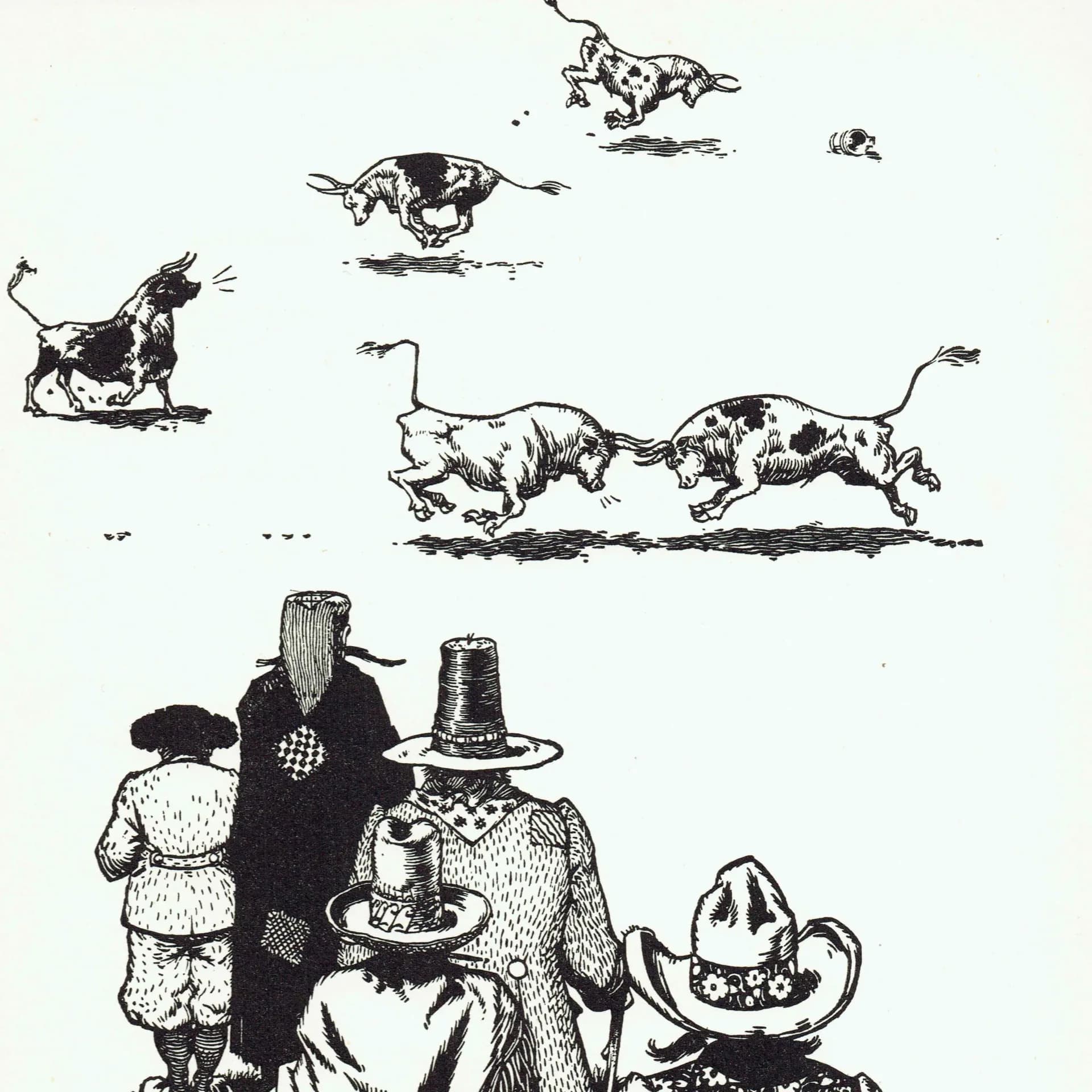 1937 Nazi-Franco Banned Anti-War Bulls Fighting Parody Print - Ferdinand The Bull - Robert Lawson First Edition Original Artwork - 7 x 8 in