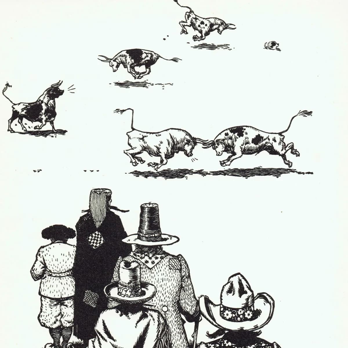 1937 Nazi-Franco Banned Anti-War Bulls Fighting Parody Print - Ferdinand The Bull - Robert Lawson First Edition Original Artwork - 7 x 8 in