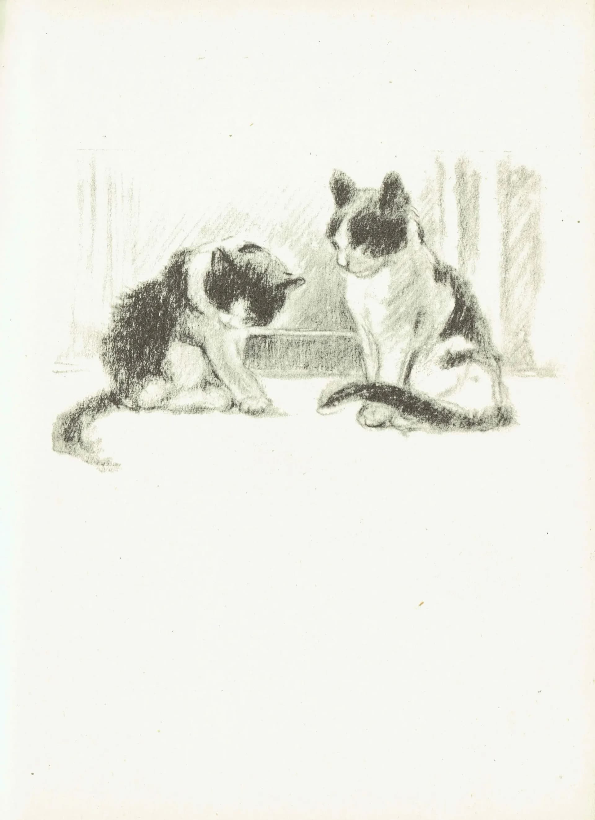 1946 Two Cats - Original Vintage Print By Dawson - Lucy Dawson Neighbours Pet Portrait Animal Art - 7 x 9.5 in
