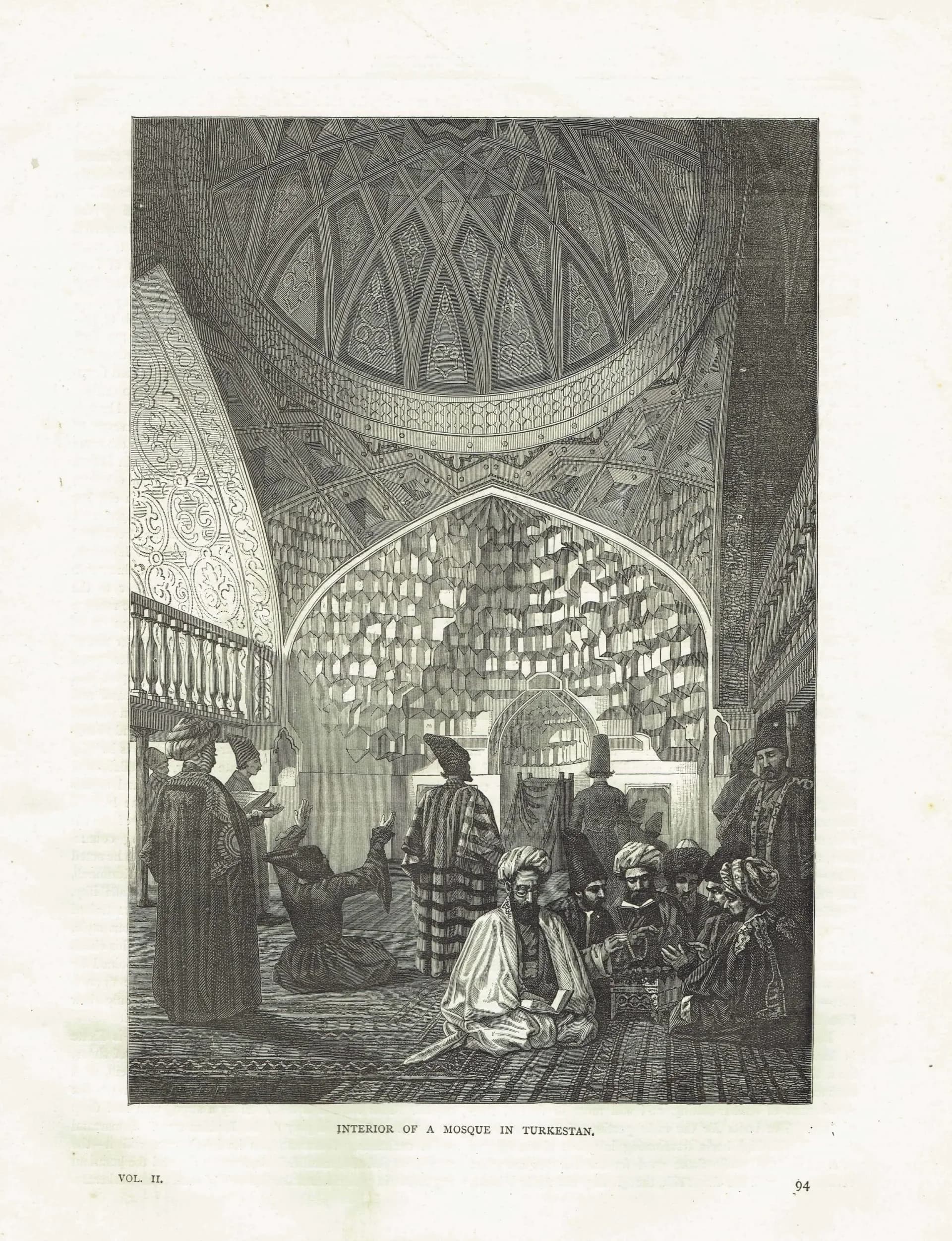 1871 Turkestan Mosque Interior - Antique Engraving By Bates - Victorian Central Asia Travel Islamic Architecture - 8 x 11.5 in