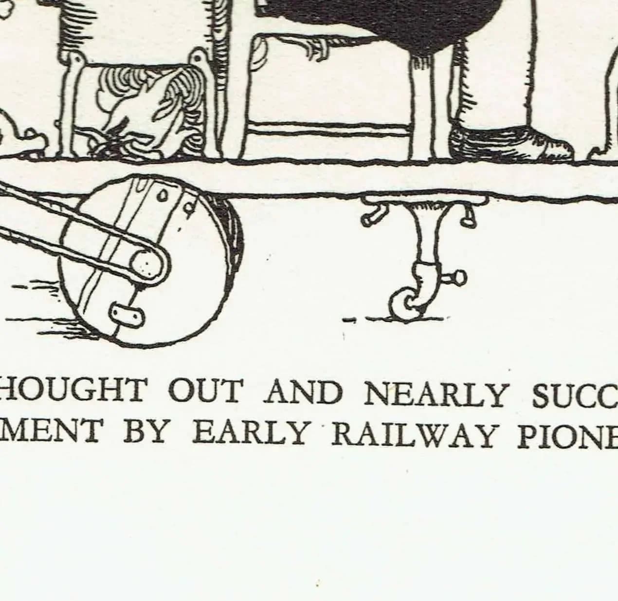 1935 Railway Pioneer Contraption - Original Vintage Print By Heath Robinson - Great Western Railway Centenary Humorous Cartoon - 7 x 9.5 in