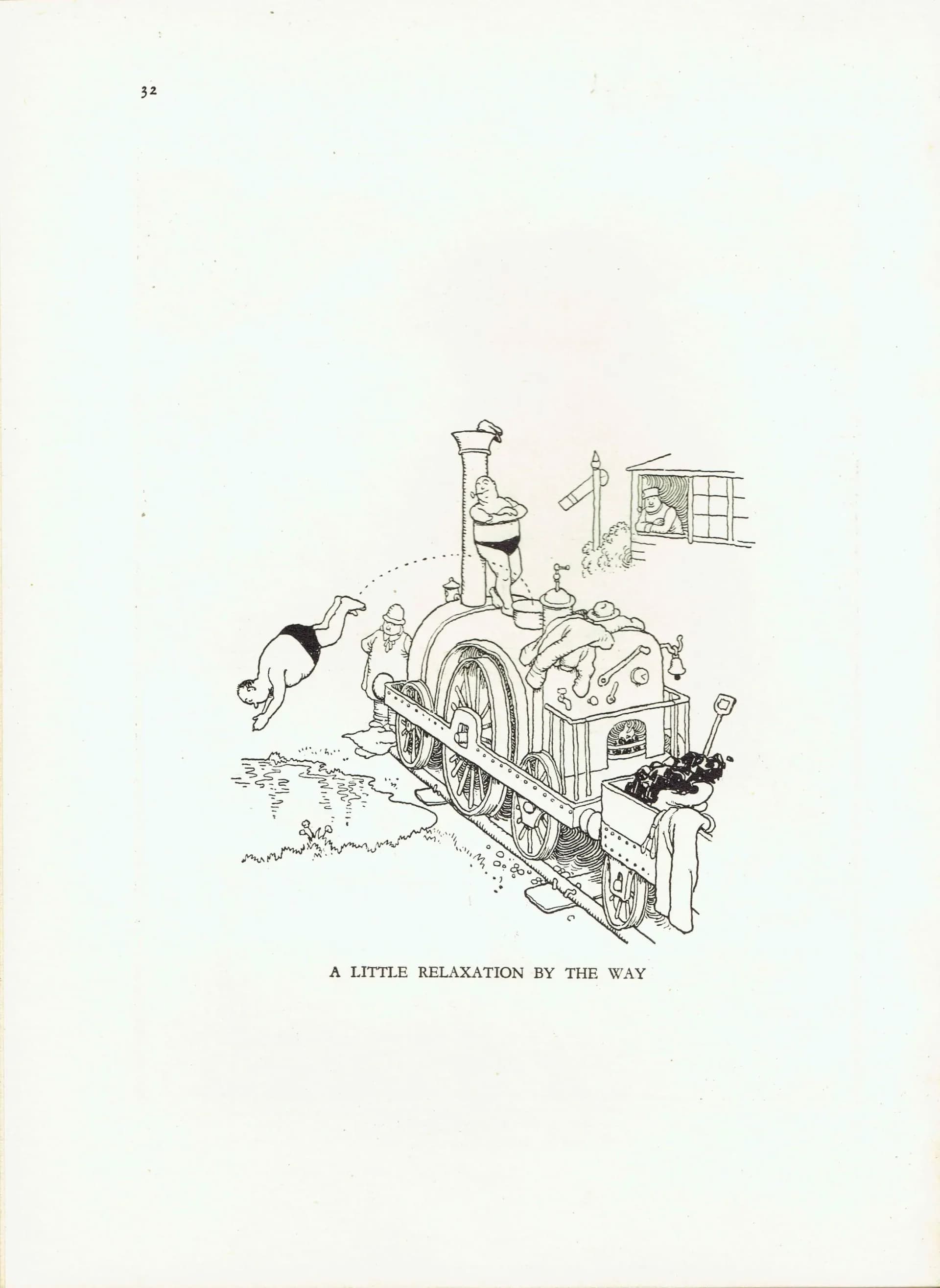 1935 Railway Humour - Original Vintage Print By Heath Robinson - Great Western Railway Centenary Cartoon Satire - 7 x 9.5 in