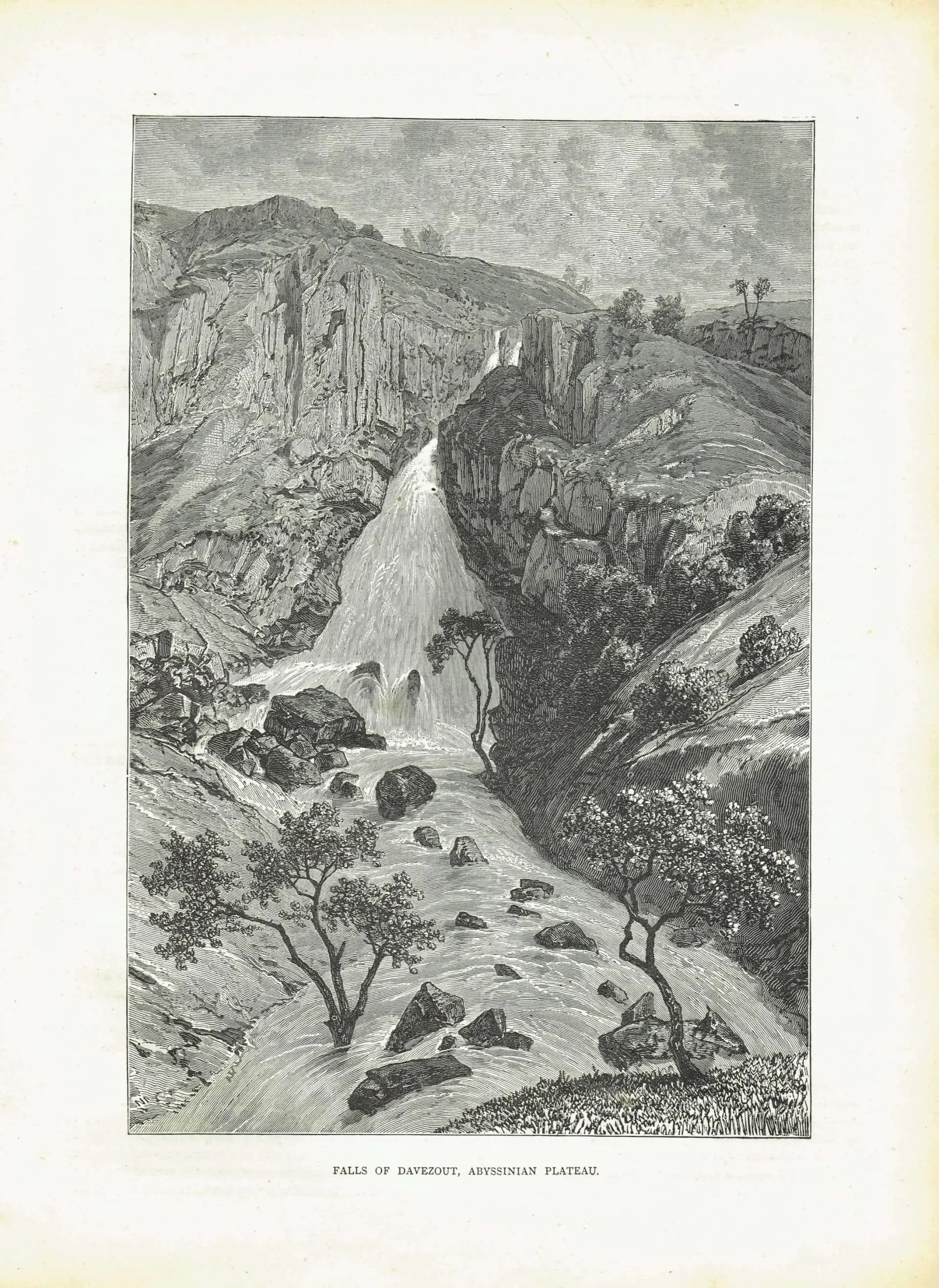 1869 Falls of Davezout Abyssinian Plateau - Original Antique Print - Illustrated Travels Royal Geographical Society Ethiopia - 11.75 x 8....