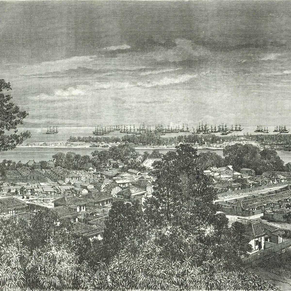 1869 Benten Panorama Japan - Original Antique Engraving - Victorian Travel Geography Harbour Ships Settlement Landscape - 11 x 8.25 in