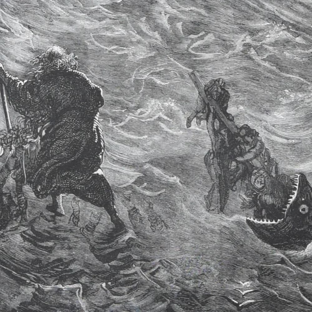 1866 Gustave Doré Wandering Jew Shipwreck Plate 10 - Original Antique Engraving - Victorian Gothic Religious Mythology Maritime - 14 x 20 in