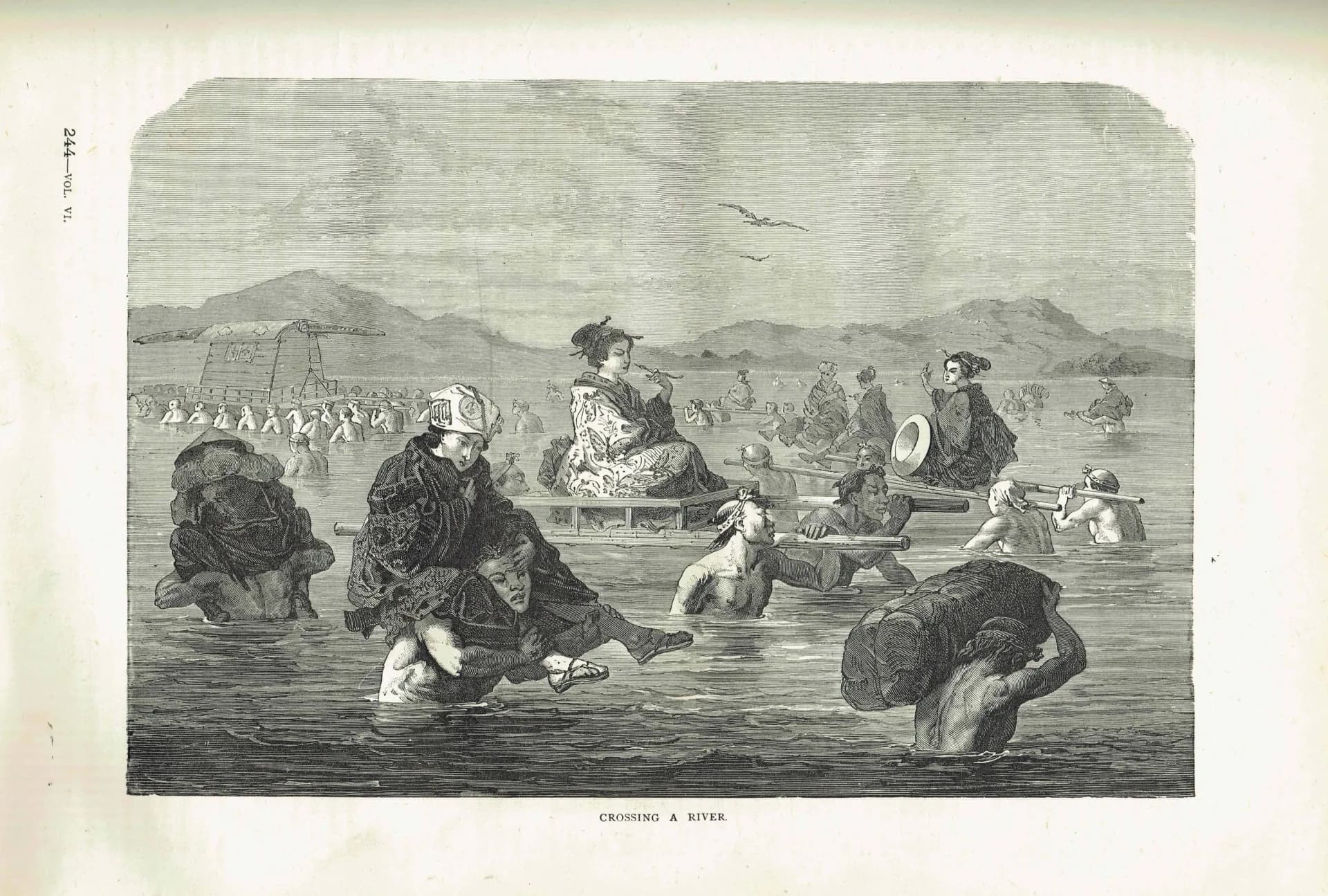 1875 Crossing a River Japan - Antique Engraving By Bates - Illustrated Travels Vol 6 Victorian Asia Geography Scene - 11.5 x 8 in