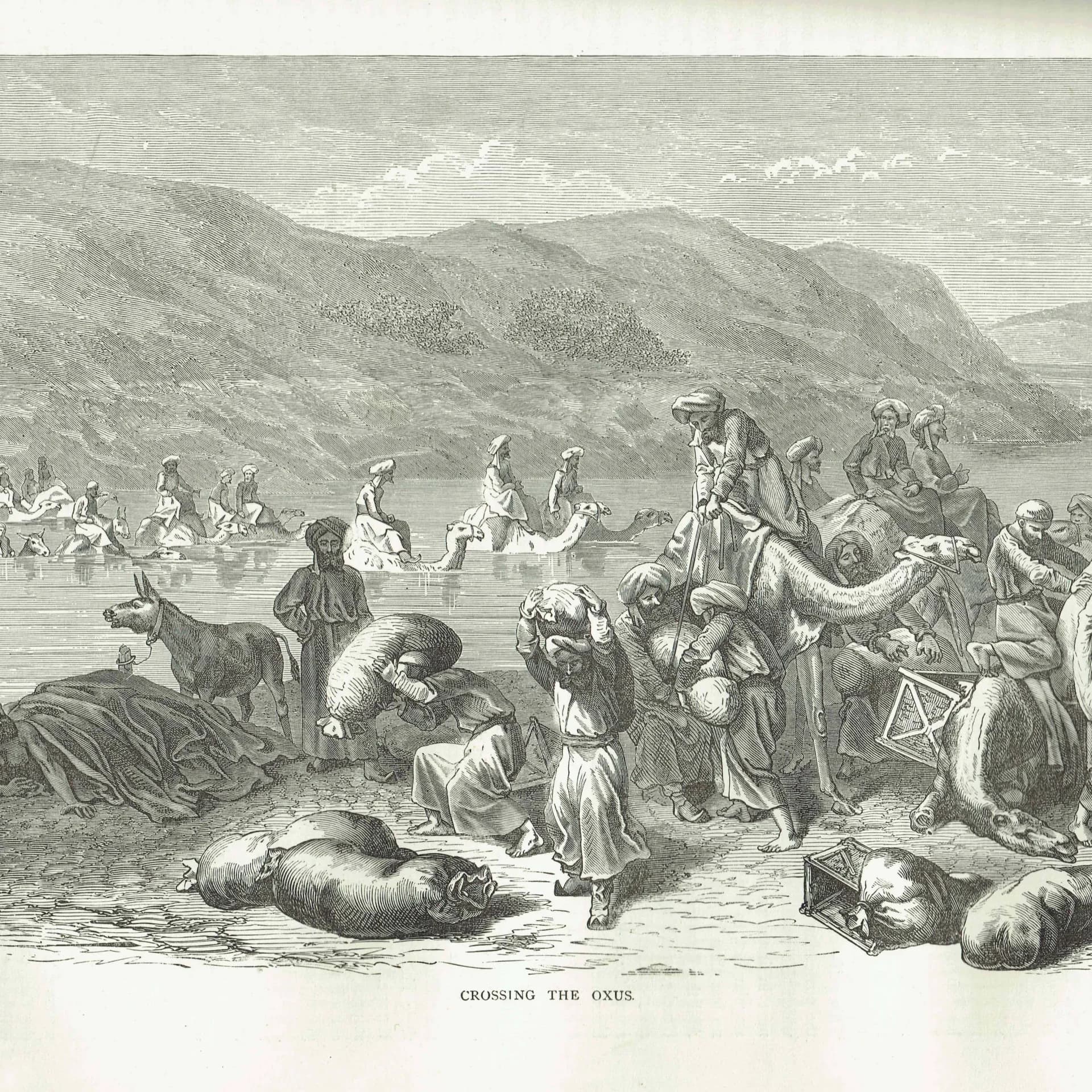 1871 Crossing the Oxus River - Antique Engraving - Central Asia Landscape Travel Scene Illustrated Travels - 11.5 x 8 in