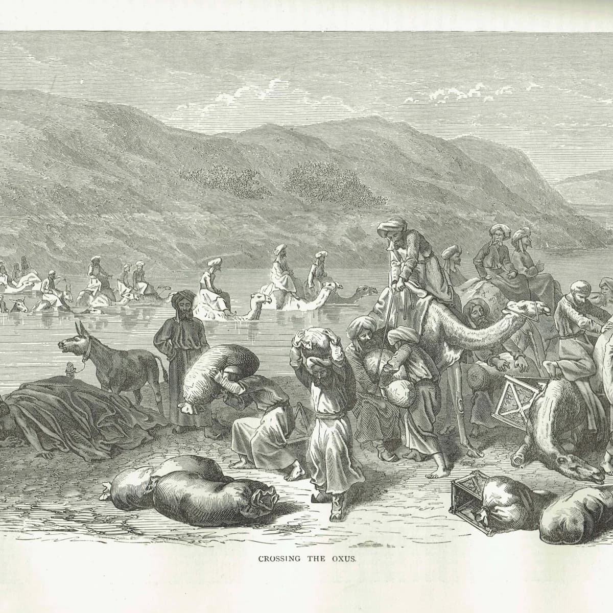 1871 Crossing the Oxus River - Antique Engraving - Central Asia Landscape Travel Scene Illustrated Travels - 11.5 x 8 in
