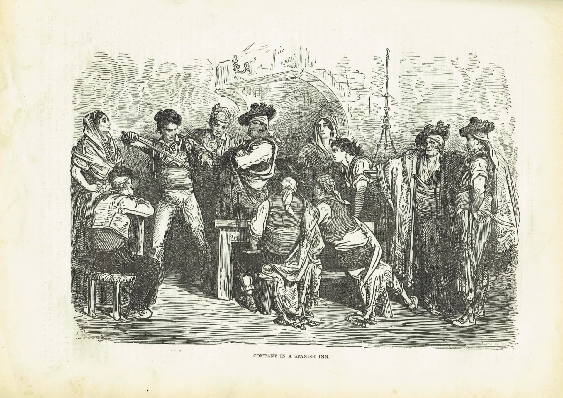 1870s Original Antique Company In A Spanish Inn Scene Woodblock Print - Victorian Travel Book Illustration - 12 x 8.5 in