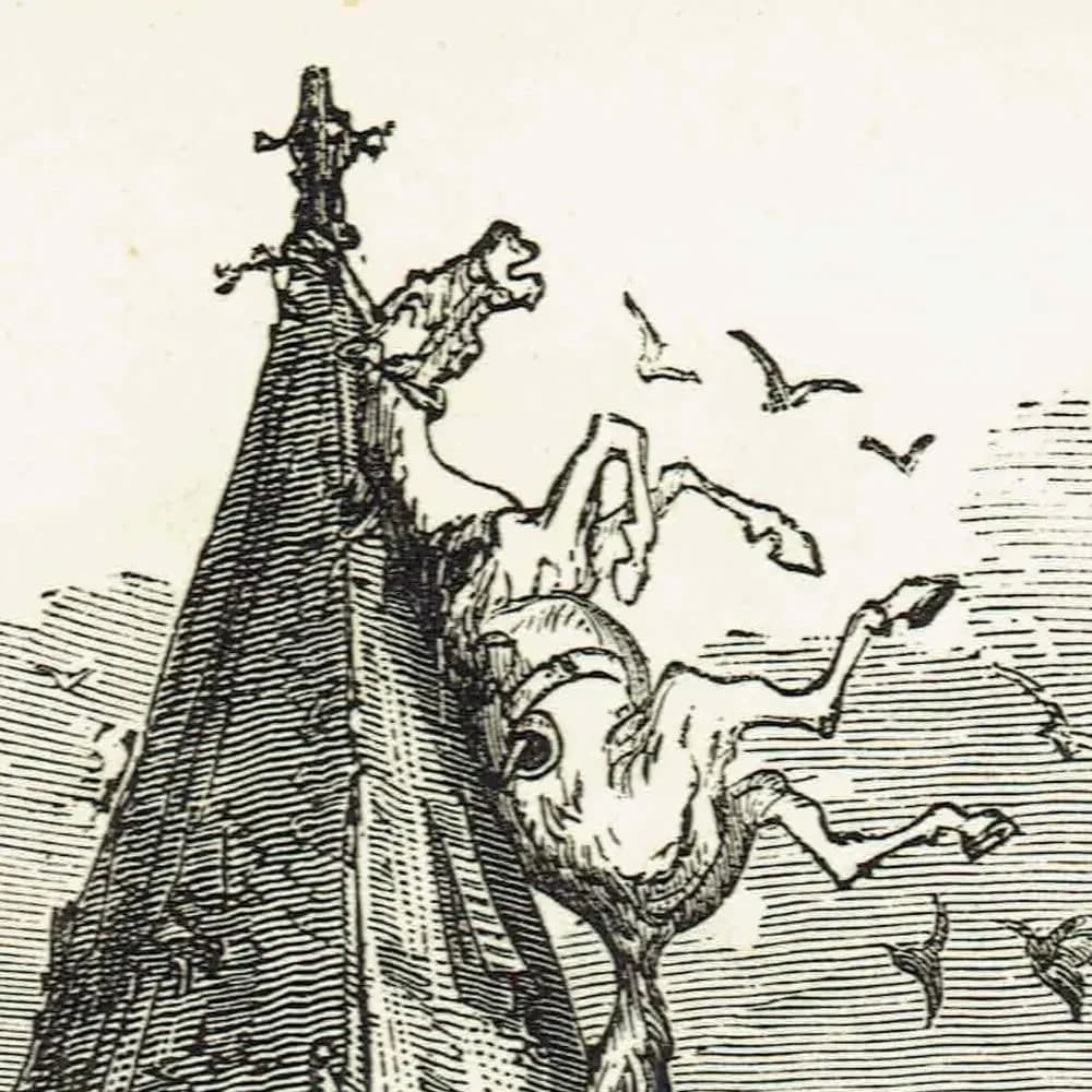 1867 Baron Munchausen Steeple Scene - Original Antique Print By Doré - Fantasy Adventure Literary Illustration - 6 x 9 in