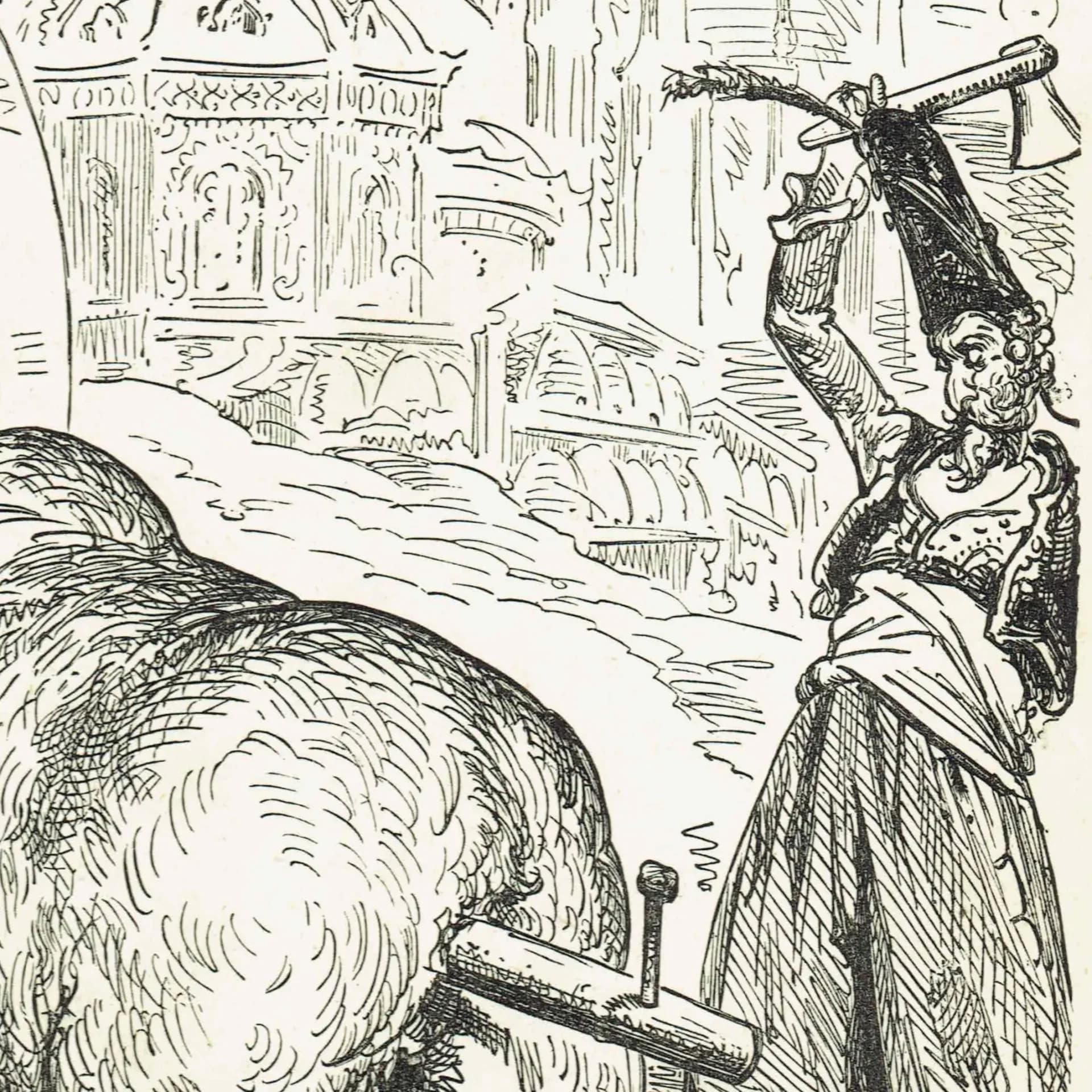1867 Baron Munchausen Riding Giant Pig - Original Antique Print By Doré - Fantasy Adventure Tale Illustration - 6 x 9 in