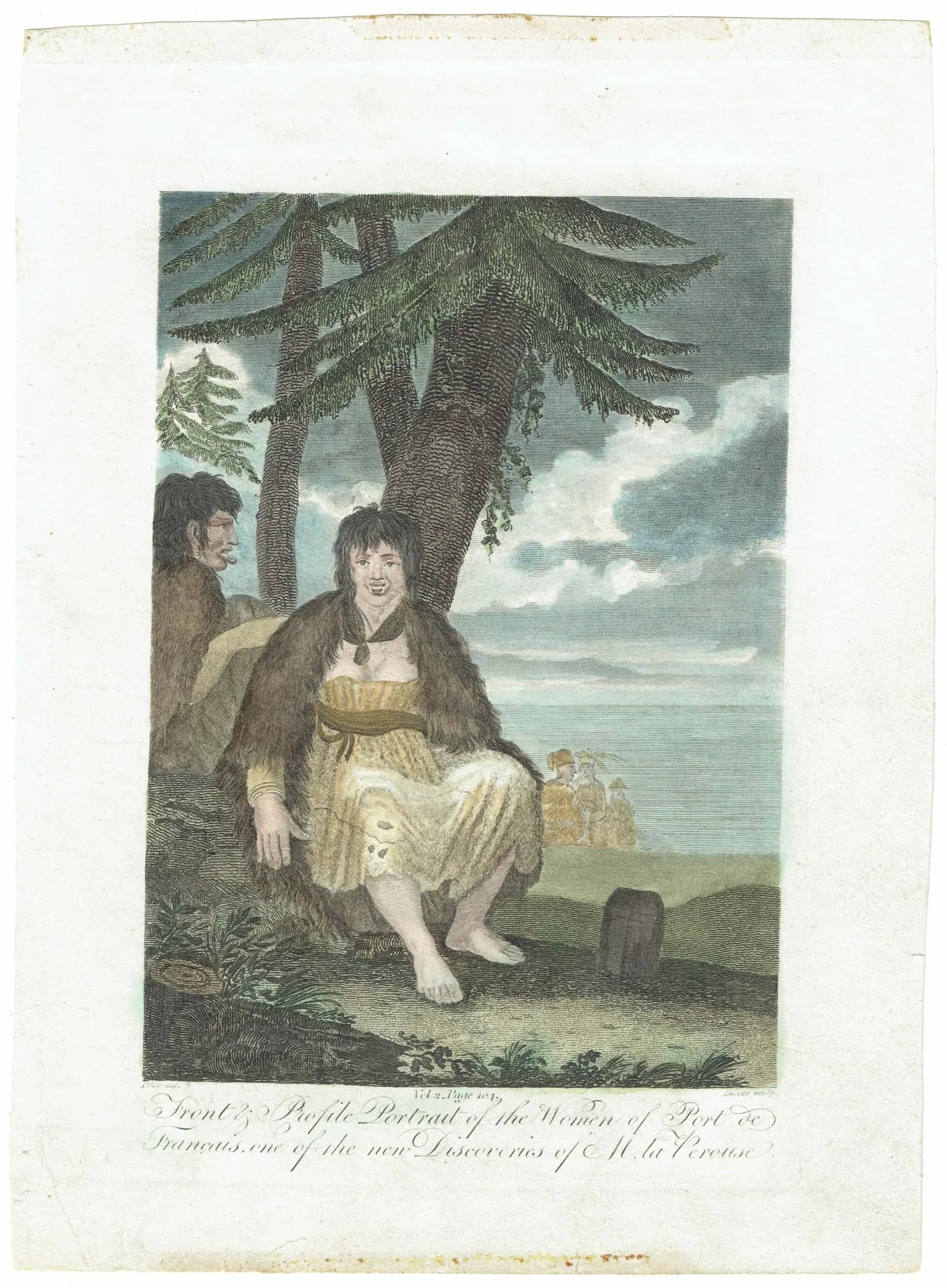 c.1815 Front & Profile Portrait of the Women of Port de Français Print - La Pérouse Voyage Costume - Hand Coloured Print - 9.5 x 7 in