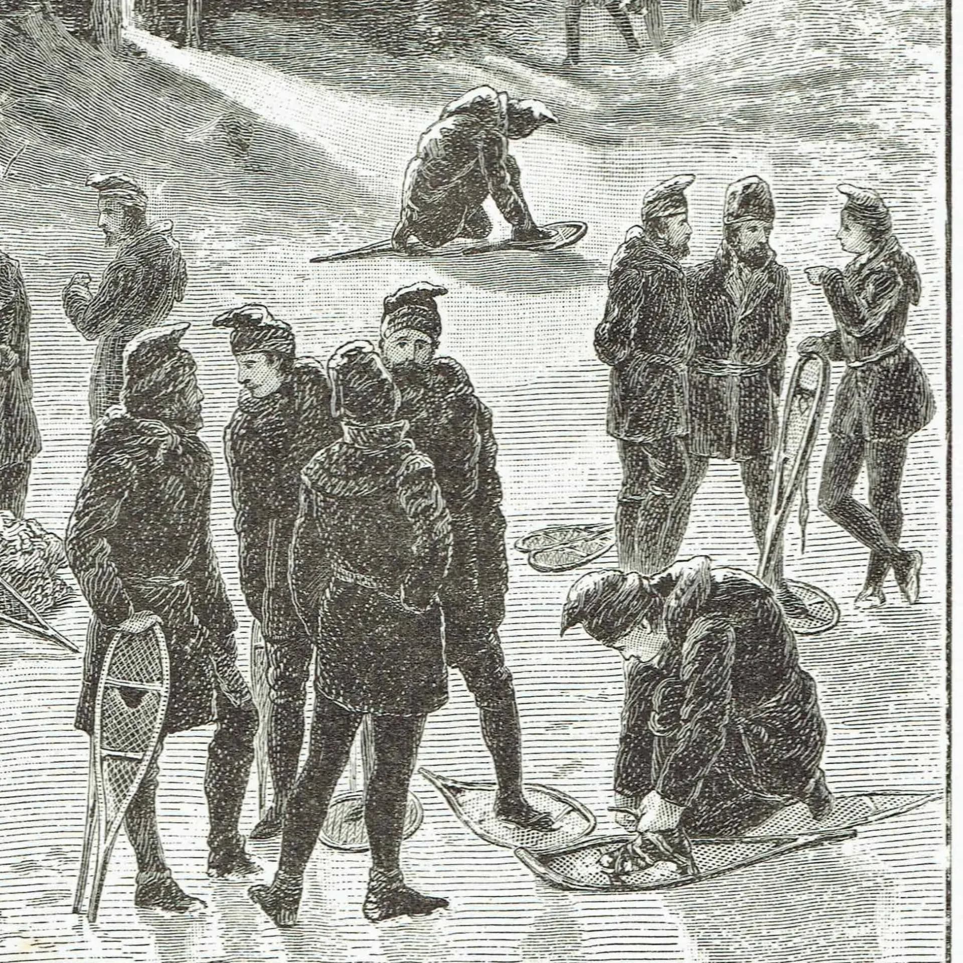 1885 Snow-Shoe Club Meet Canada - Original Antique - Victorian Winter Sport drawn by Marquis of Lorne - Engraved Whymper - 7.25 x 10.75 in