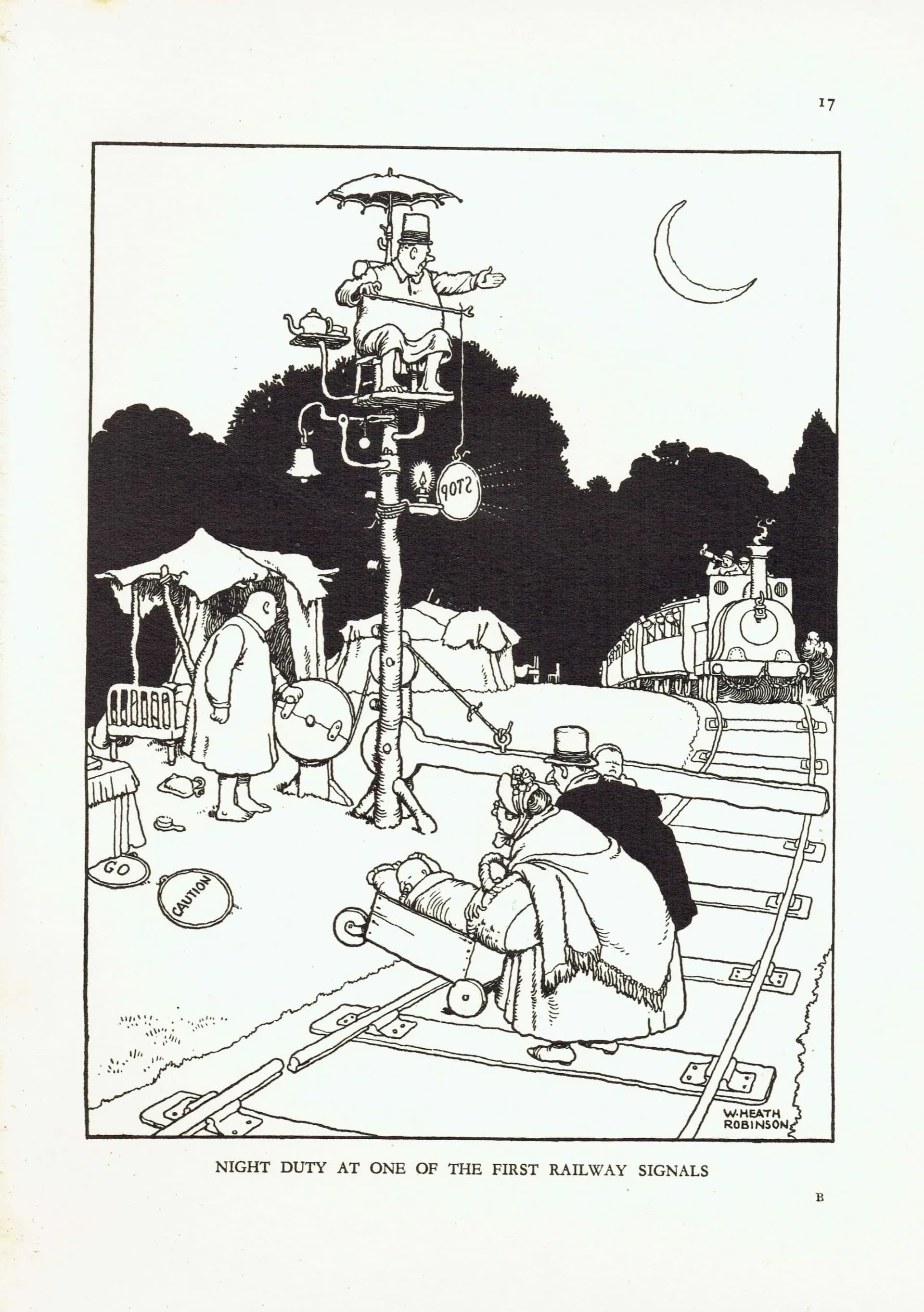 1935 Railway Signals Cartoon - Original Vintage Print By Heath Robinson - Great Western Railway Centenary Humour - 7 x 9.5 in