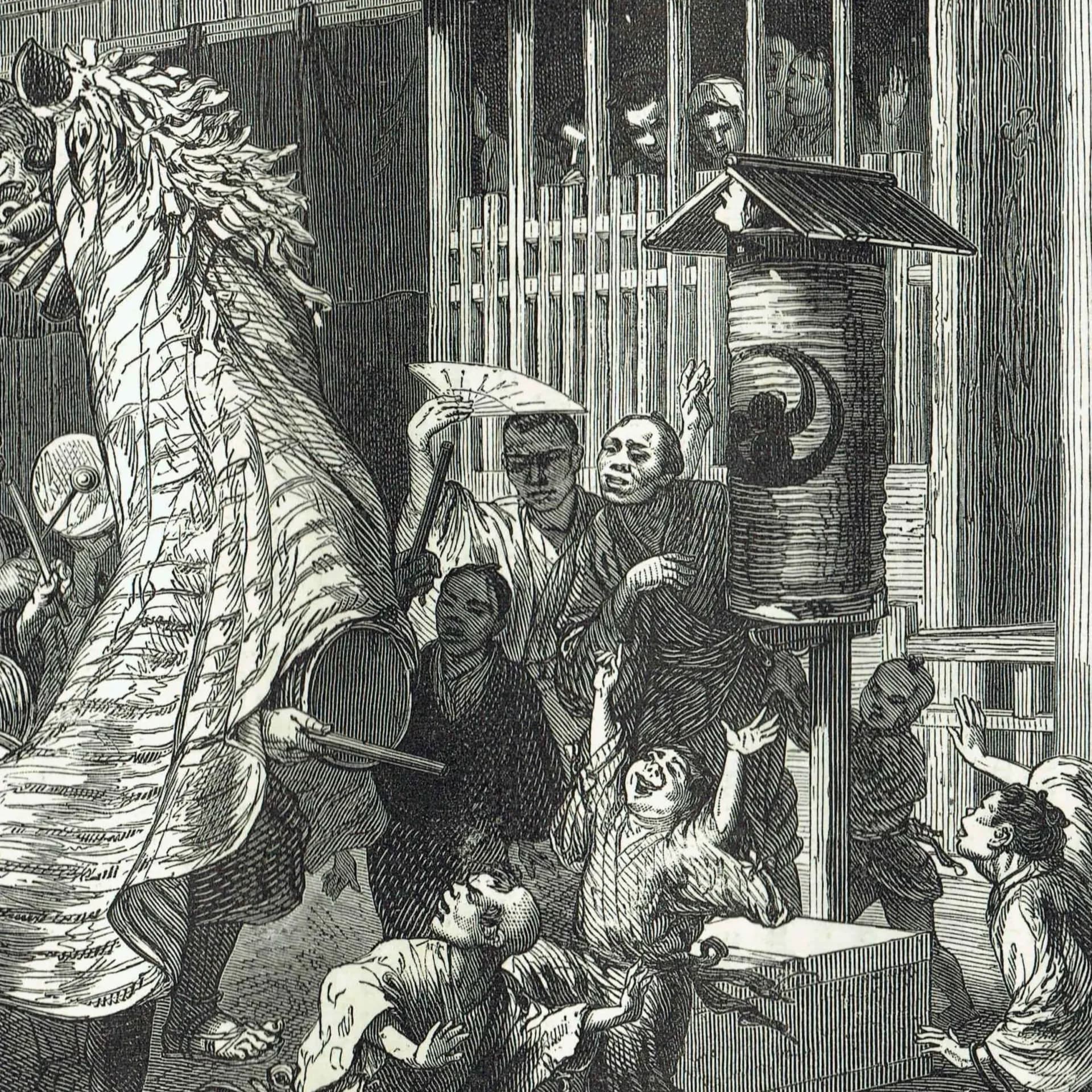 1875 Street Mountebanks in Yedo - Antique Engraving - Japan Tokyo Street Scene Victorian Travel H W Bates - 11.5 x 8 in