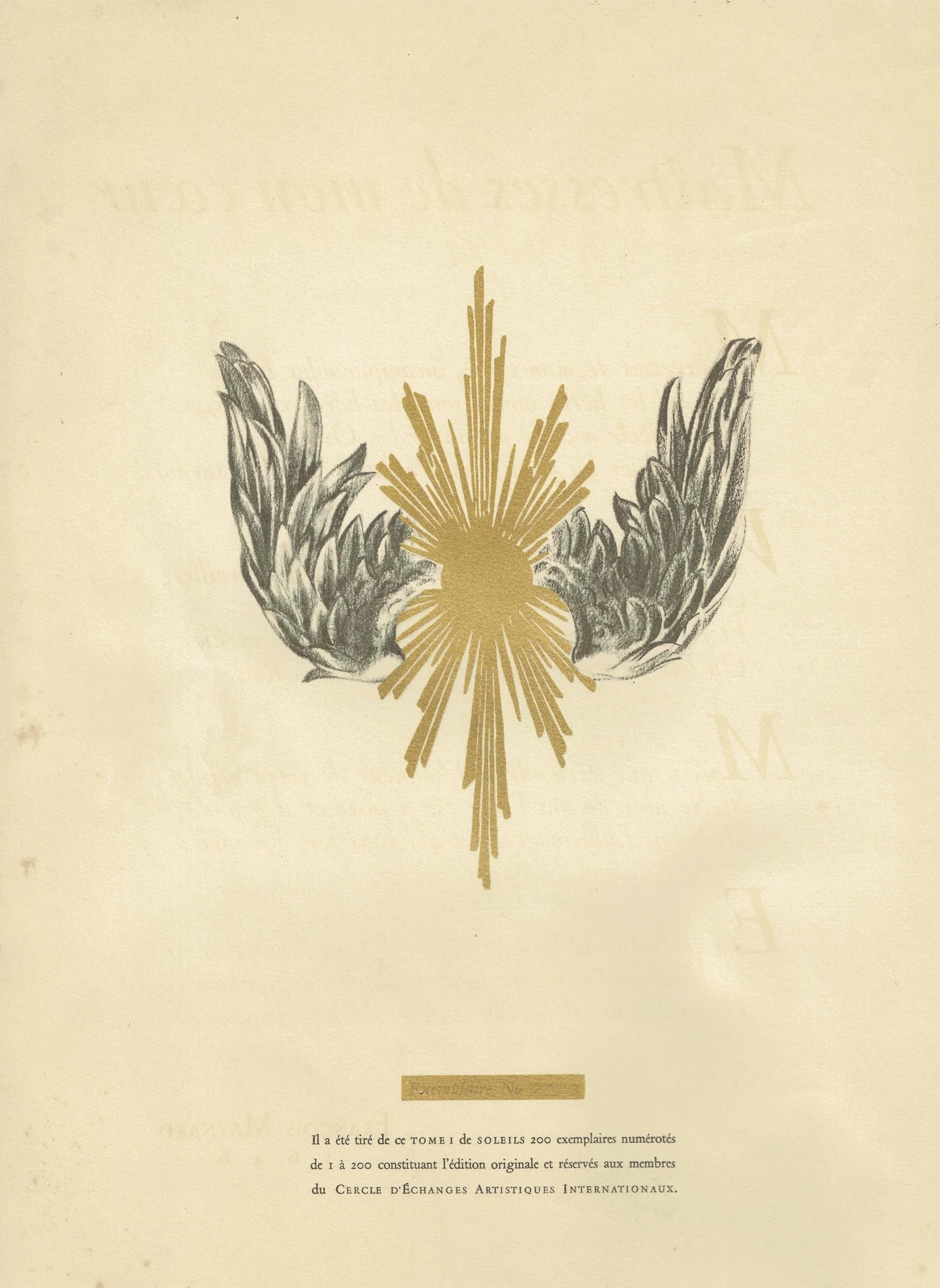 1947 Gold Sun & Heraldic Wings - Original Vintage Print - Soleils Paris Folio Arts et Métiers Graphiques Limited Edition - 10 x 13.5 in