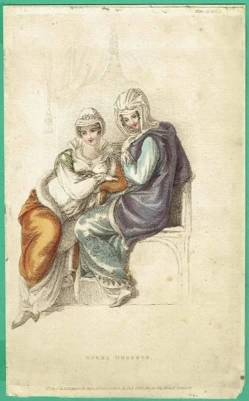 1811 Opera Dresses Fashion - Original Antique Hand-Coloured Print - Theatrical Costume Historical Clothing Study - 5.5 x 9 in