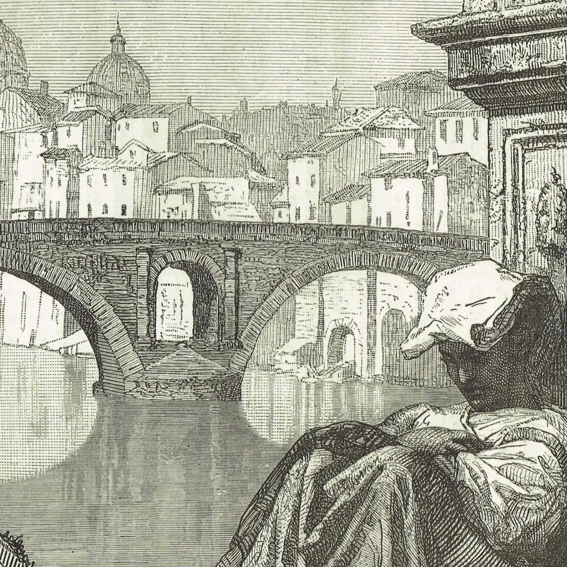 1871 Women of the Campagna at Rome - Antique Engraving - Italian Portrait Tiber River Landscape Victorian Travel Print - 8 x 11.5 in