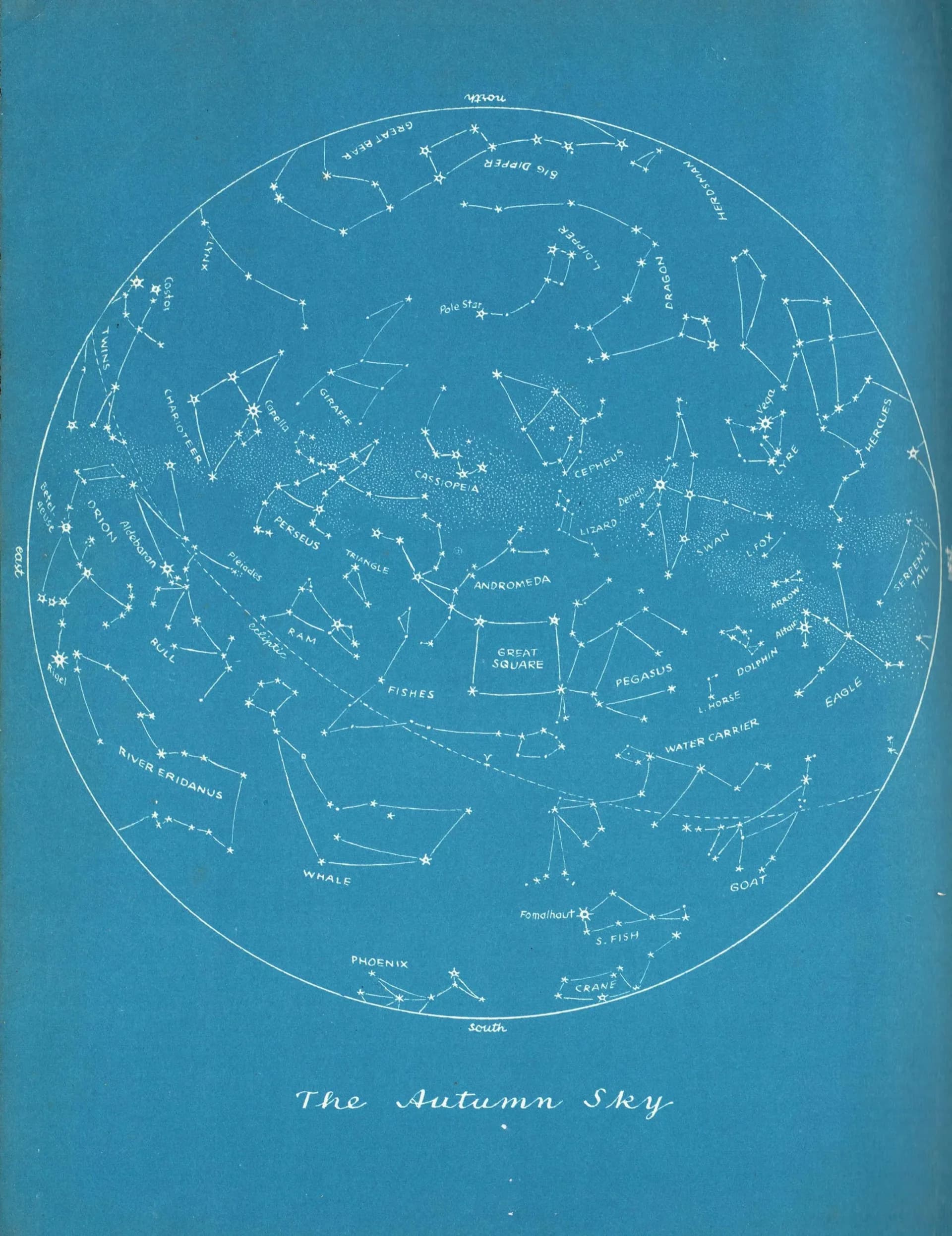 1952 Autumn Sky Star Chart - Original Vintage Print By H.A. Rey - Constellation Map Celestial Astronomy Educational - 8 x 11 in