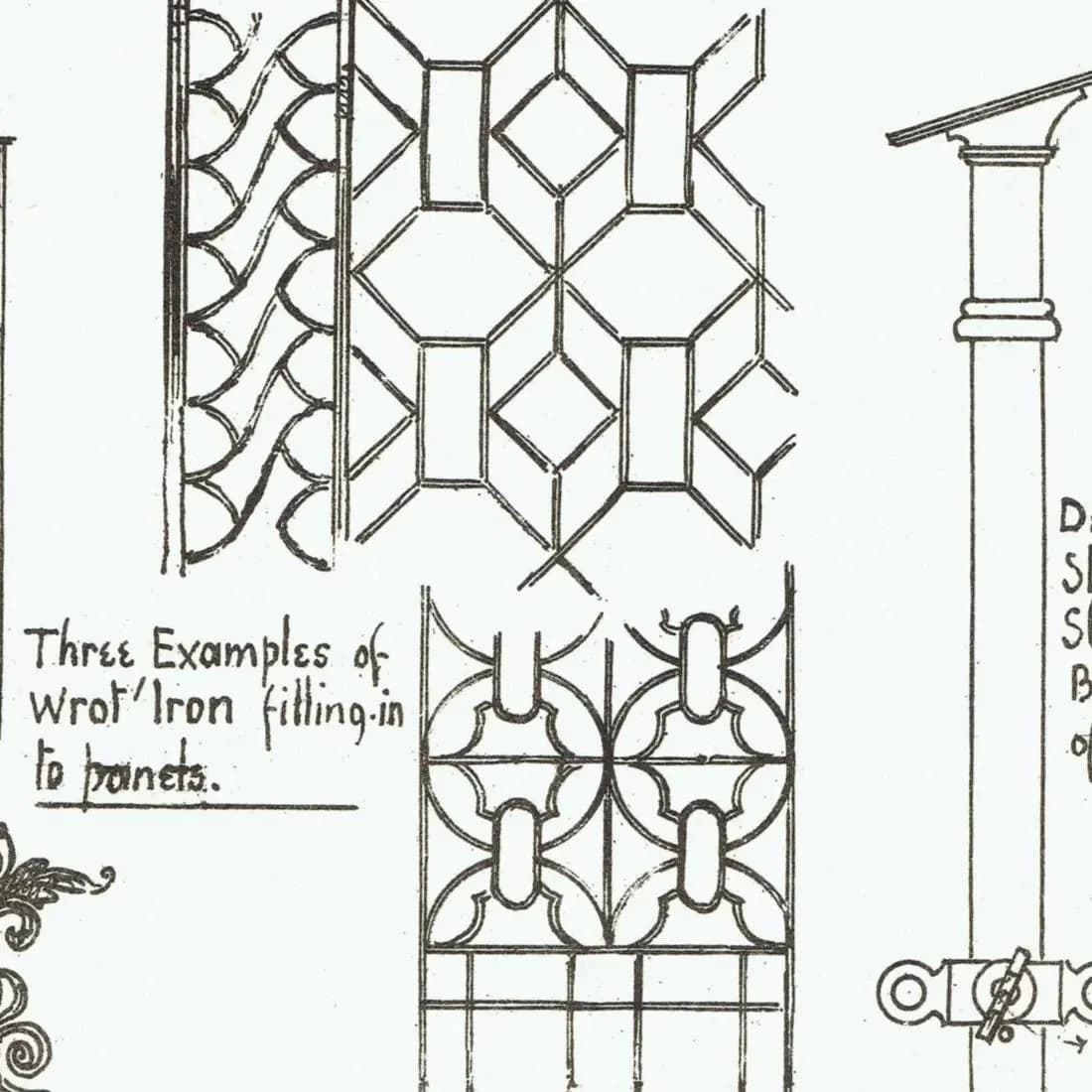 1898 Ornamental Wrought Ironwork - Filling in - Bracket - Finial - Architectural Print - W Fullerton - Building Illustration - 8 x 10.75 in