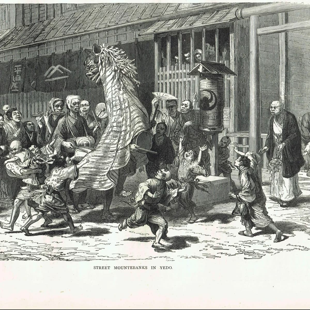 1875 Street Mountebanks in Yedo - Antique Engraving - Japan Tokyo Street Scene Victorian Travel H W Bates - 11.5 x 8 in