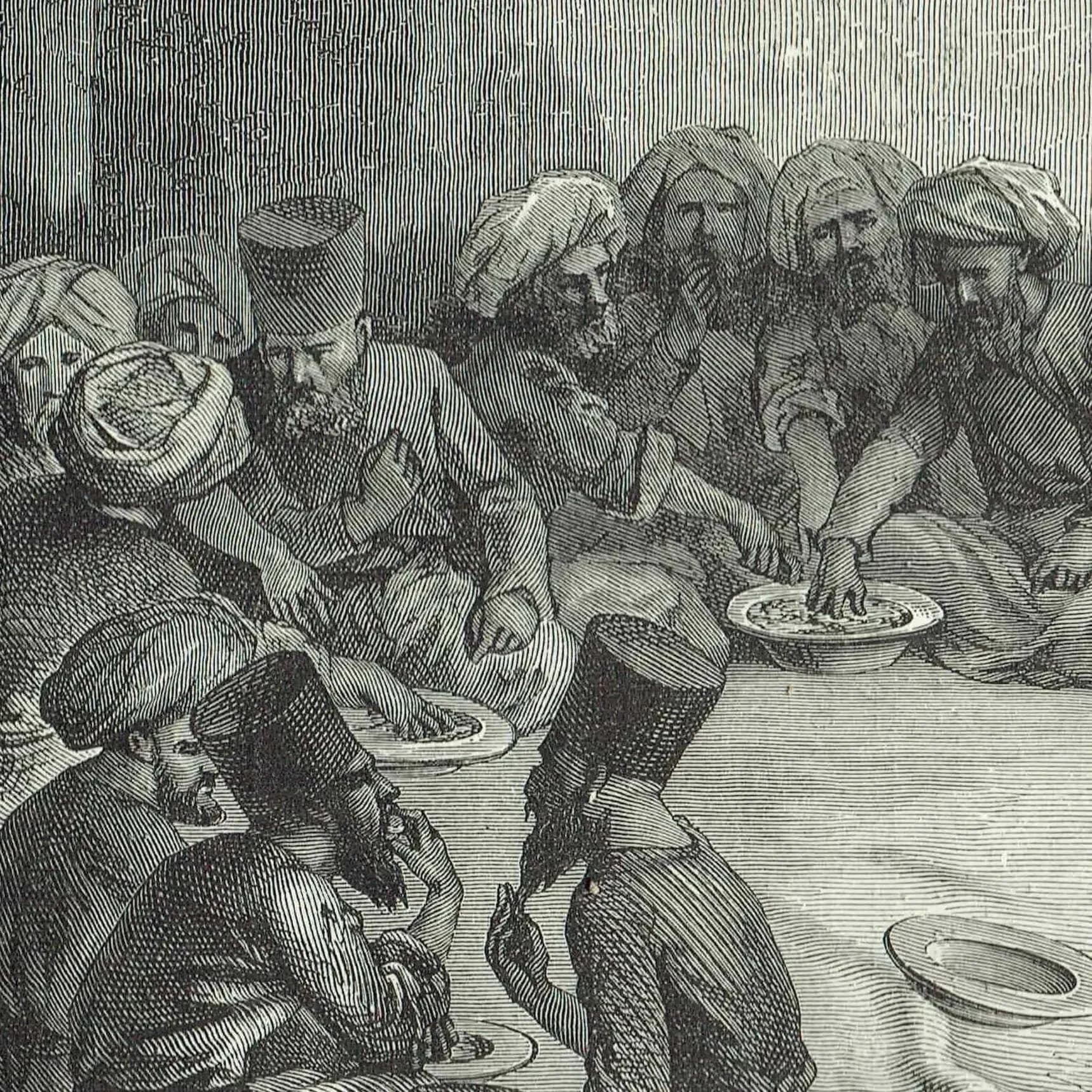 1871 Turcomans Dining - Antique Engraving - Illustrated Travels Central Asia Portrait Scene - 11.5 x 8 in