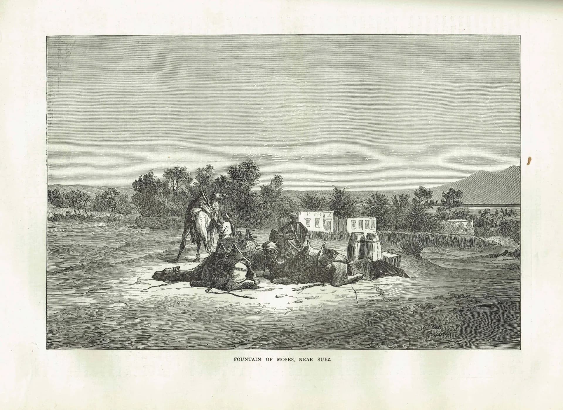 1871 Fountain of Moses Near Suez - Antique Engraving - Illustrated Travels Egypt Camel Desert Scene - 11.5 x 8 in