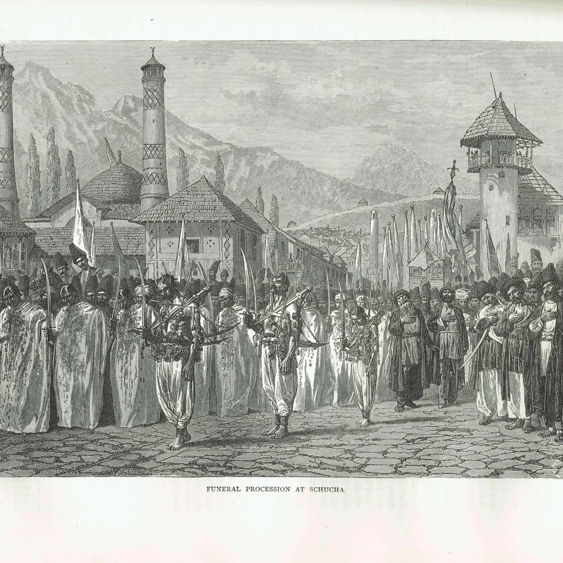 1871 Funeral Procession at Schucha - Antique Engraving - Caucasus Azerbaijan Islamic Scene Travel Print - 11.5 x 8 in