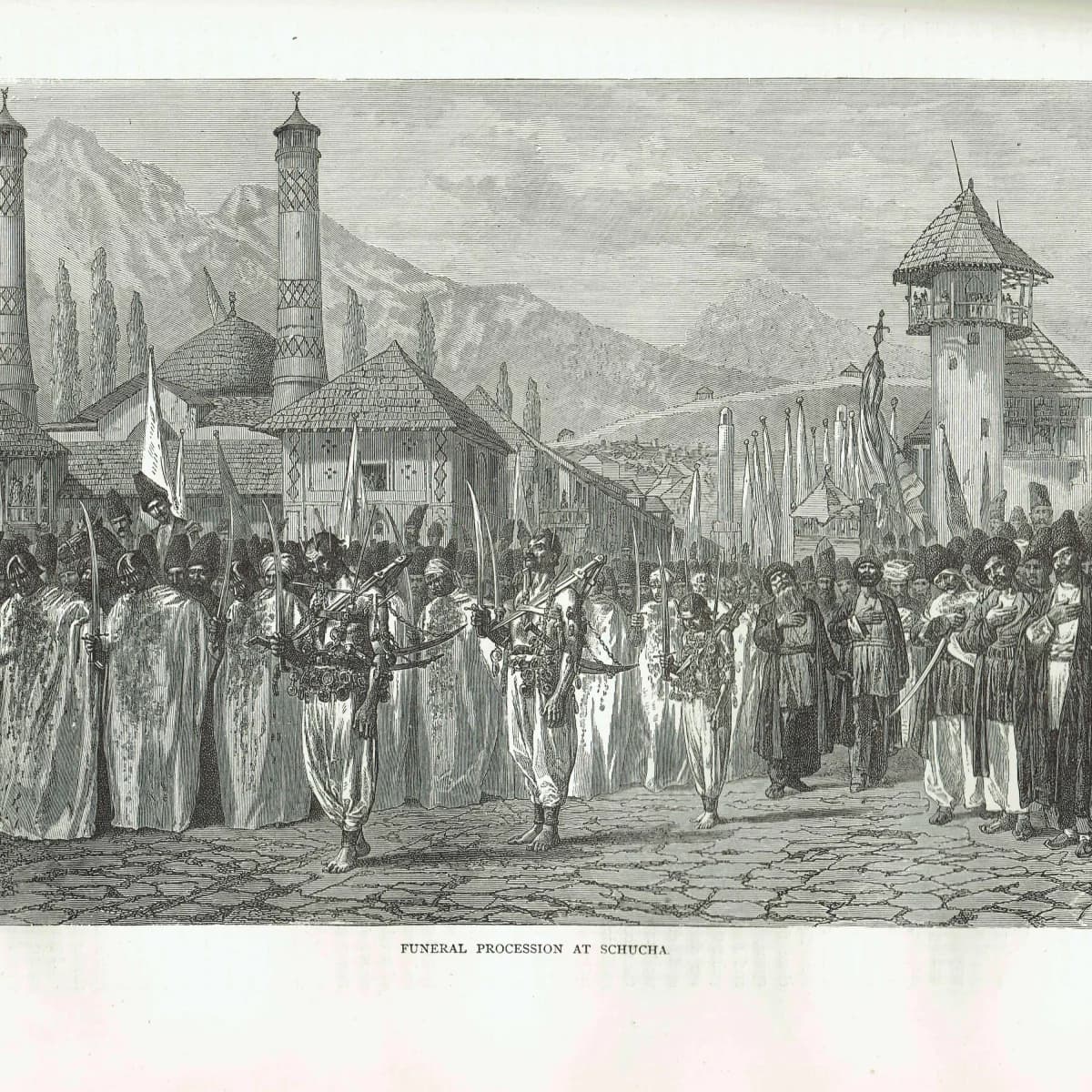 1871 Funeral Procession at Schucha - Antique Engraving - Caucasus Azerbaijan Islamic Scene Travel Print - 11.5 x 8 in