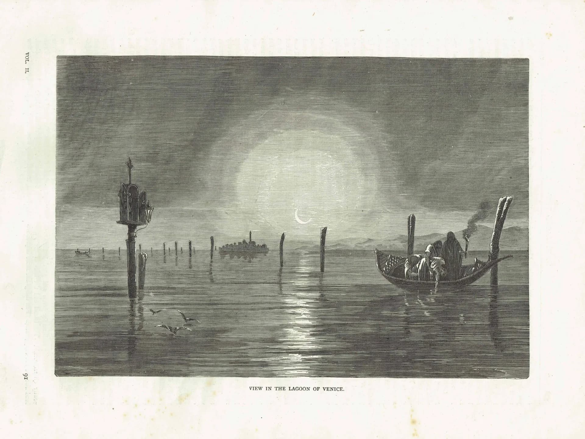 1871 Venice Lagoon by Moonlight - Antique Engraving By Bates - Italian Gondola Nocturnal Landscape Travel Scene Italy - 11.5 x 8 in