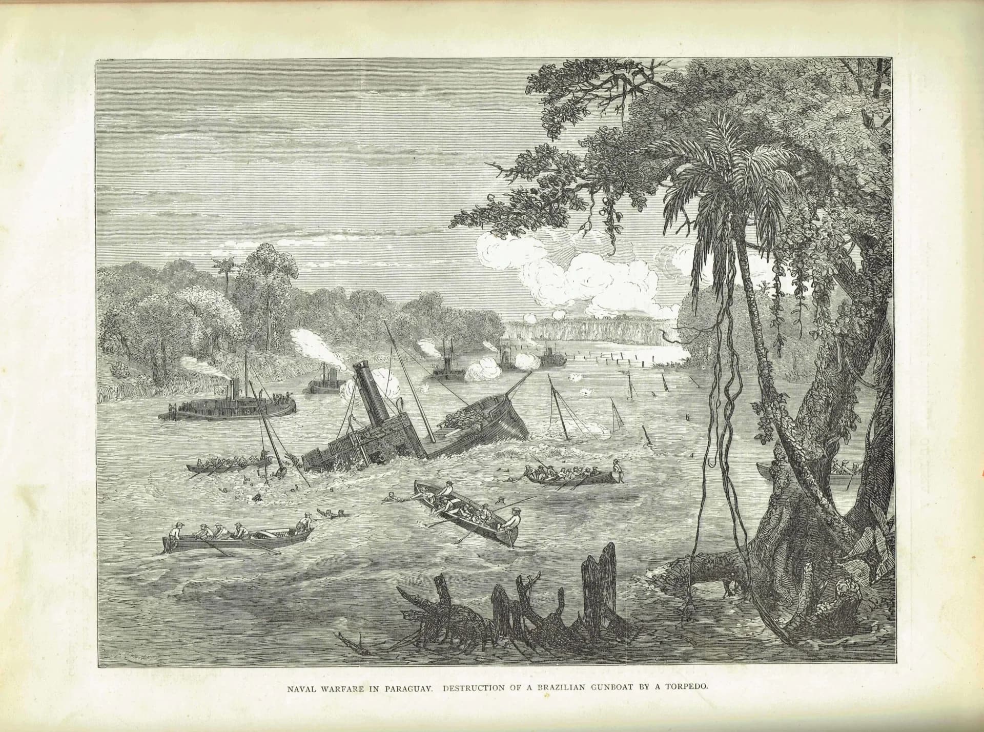1869 Naval Warfare In Paraguay - Original Antique Print - Victorian Travel Illustration Cassell Petter Galpin - 11.75 x 8.75 in