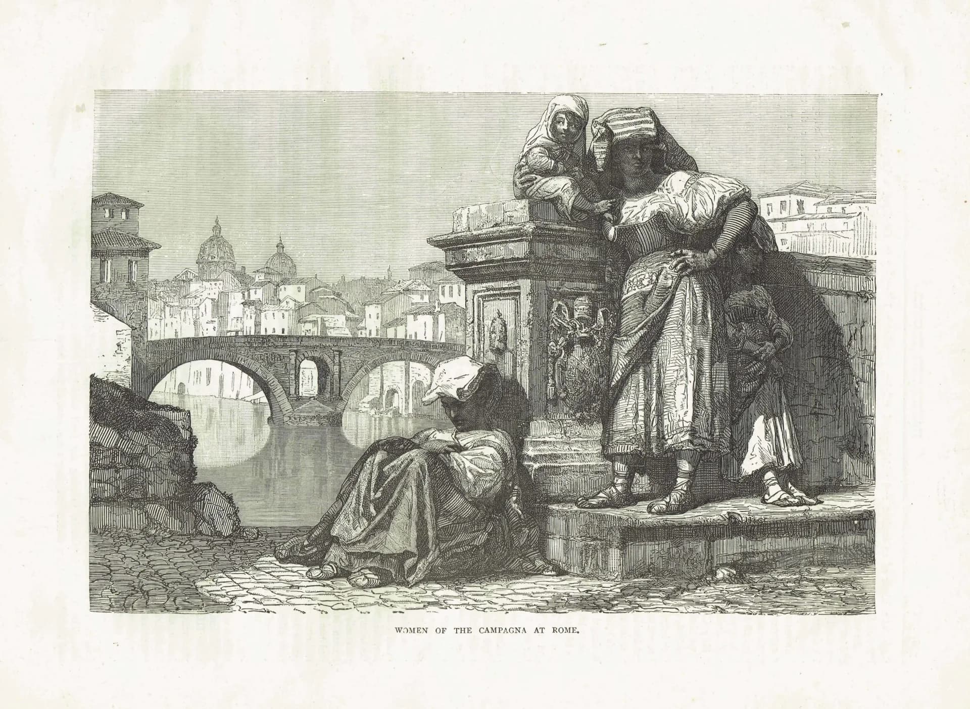 1871 Women of the Campagna at Rome - Antique Engraving - Italian Portrait Tiber River Landscape Victorian Travel Print - 8 x 11.5 in