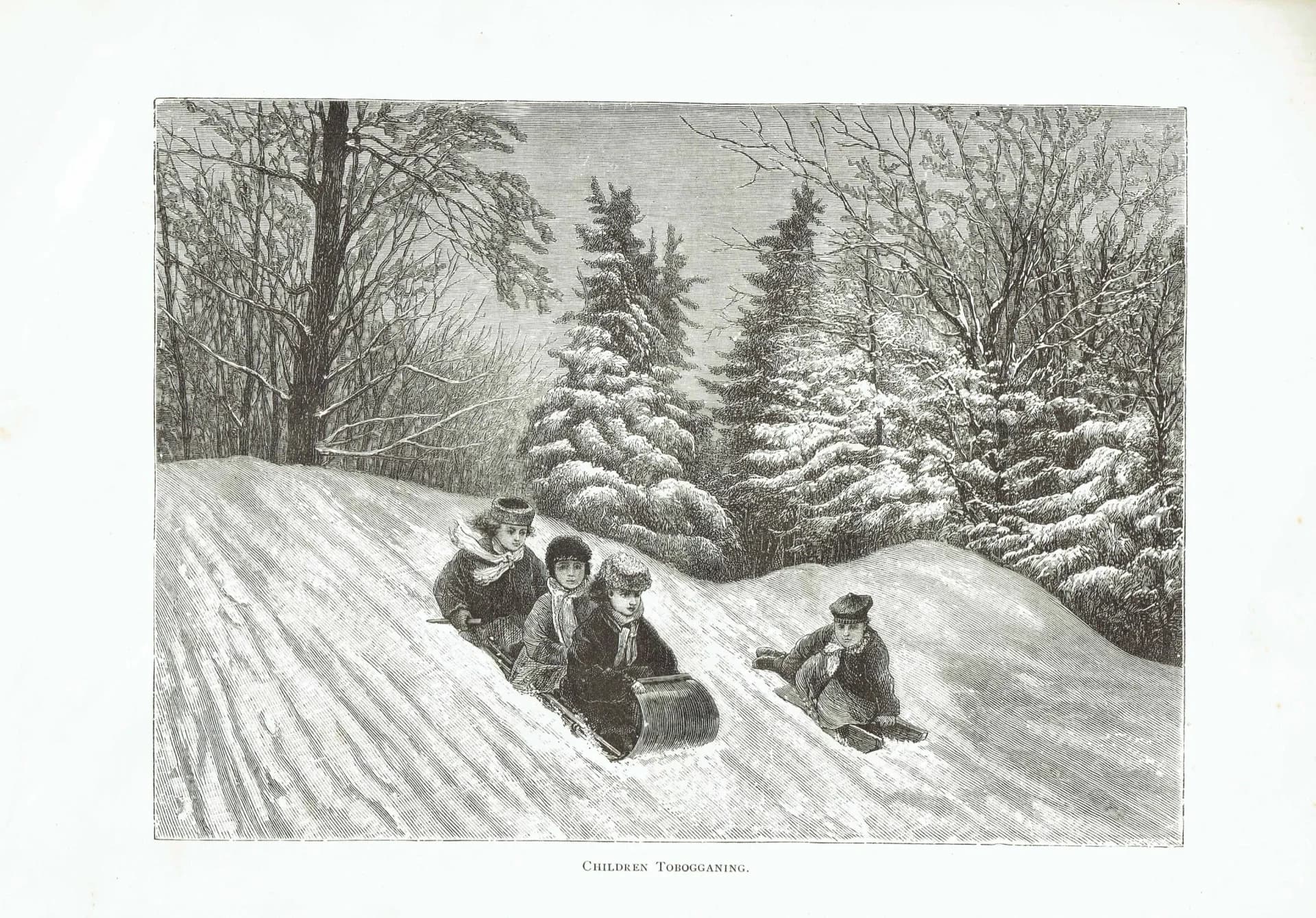 1885 Children Tobogganing Canada - Antique Print By Lorne - Canadian Winter Scene Victorian Sledding Snow Landscape - 10 x 7 in