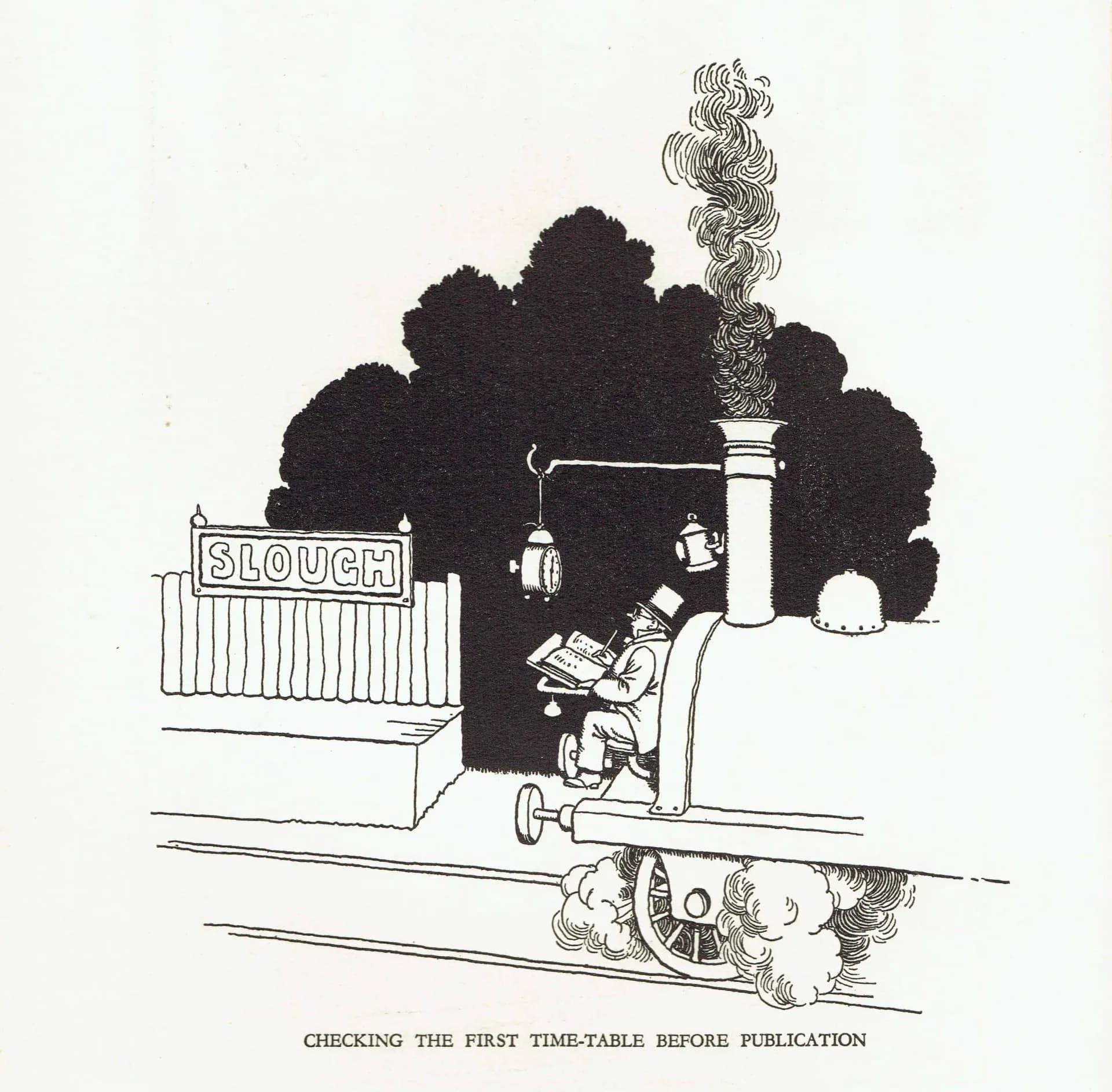 1935 Railway Humour - Original Vintage Print By Heath Robinson - Great Western Railway Centenary Cartoon Satire - 7 x 9.5 in