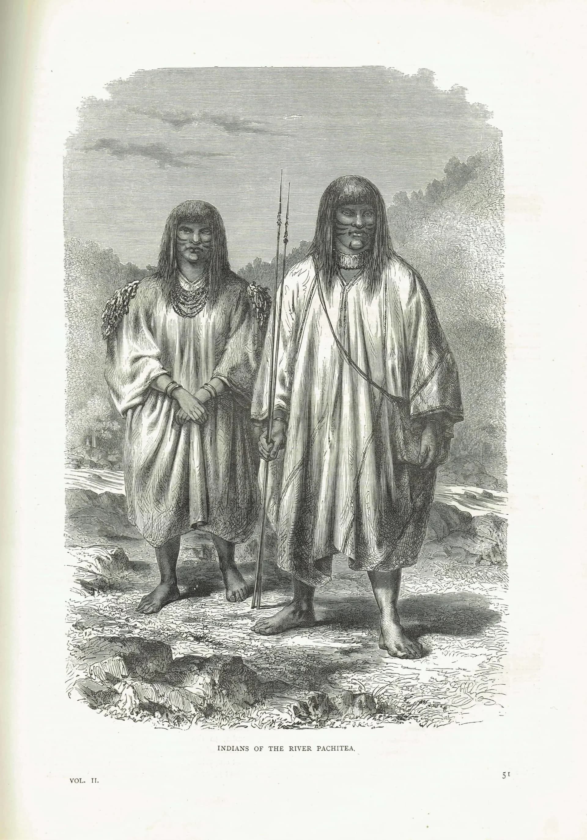 1871 Indians of the River Pachitea - Antique Print By Bates - Illustrated Travels Peru Amazon Portrait Engraving - 8 x 11.5 in